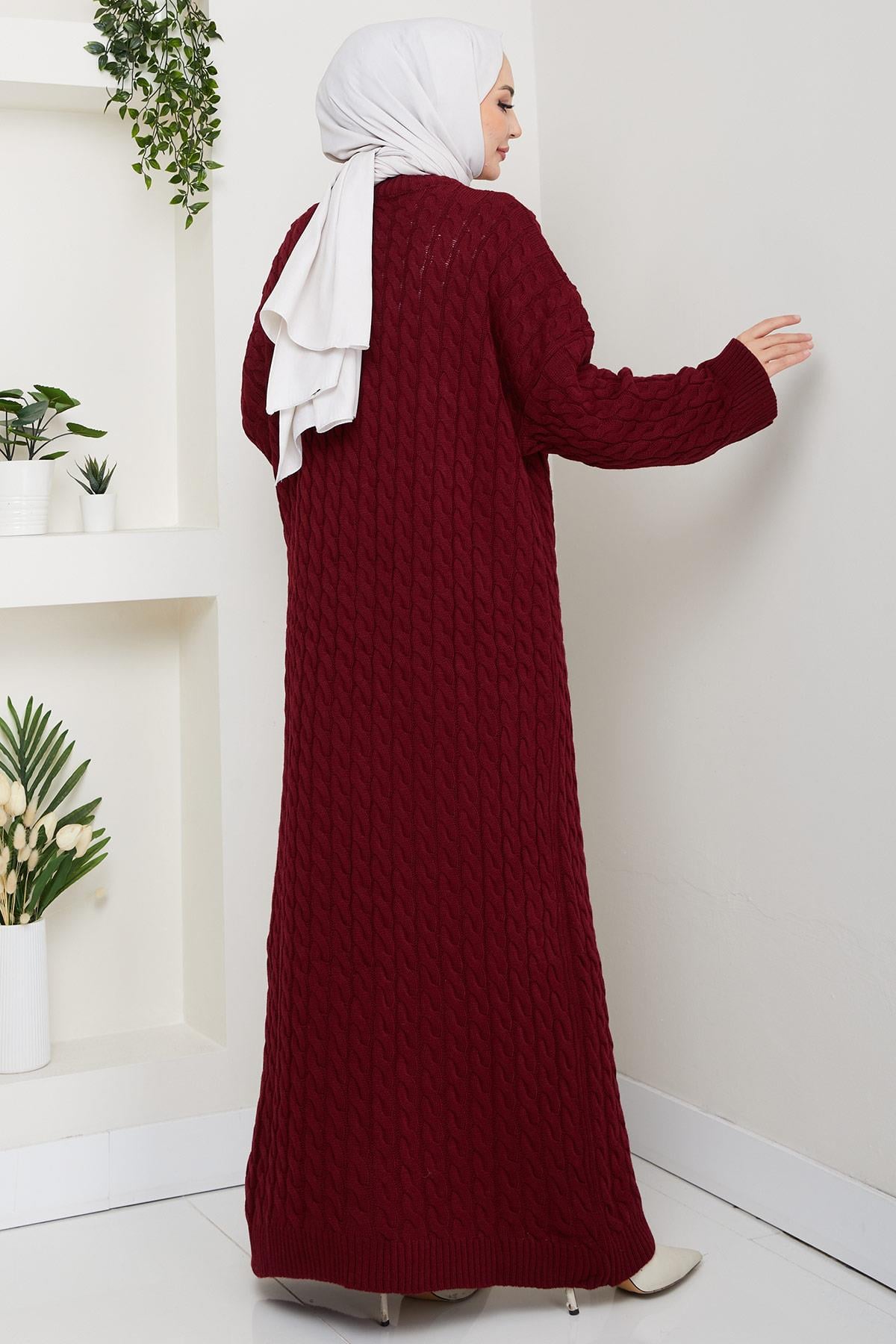 Örgü Desen Triko Elbise Bordo HM2526