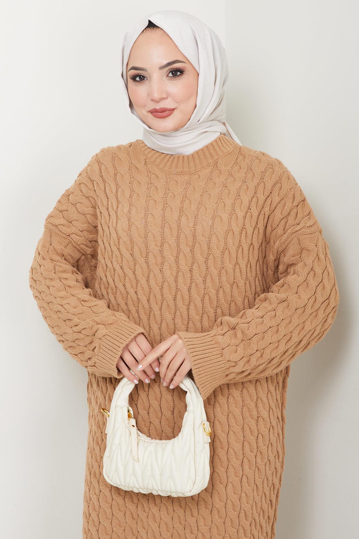 Örgü Desen Triko Elbise Camel HM2526