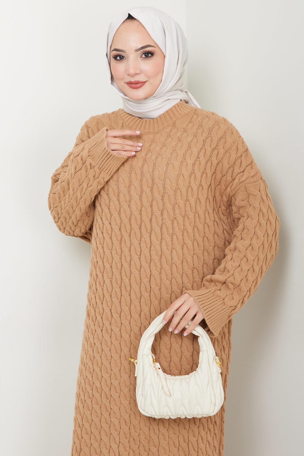 Örgü Desen Triko Elbise Camel HM2526
