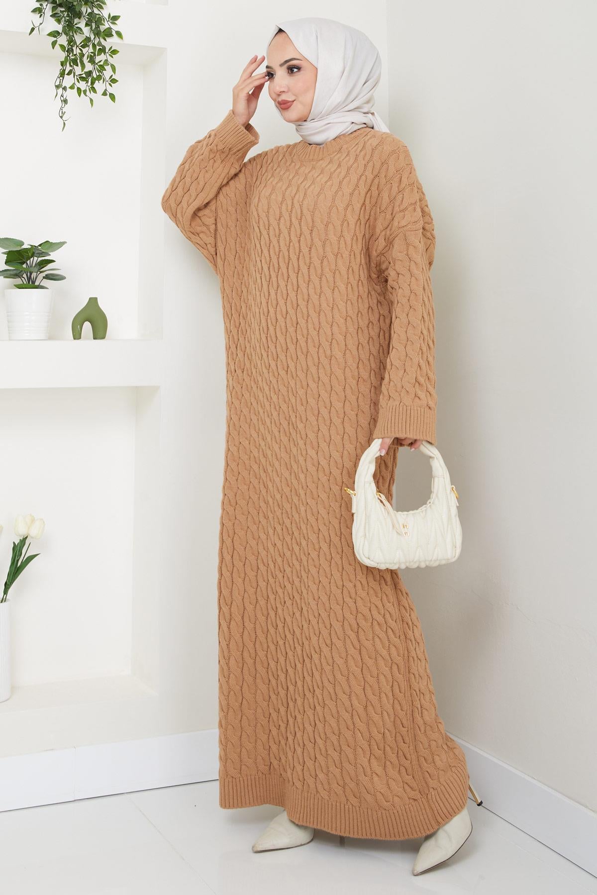 Örgü Desen Triko Elbise Camel HM2526