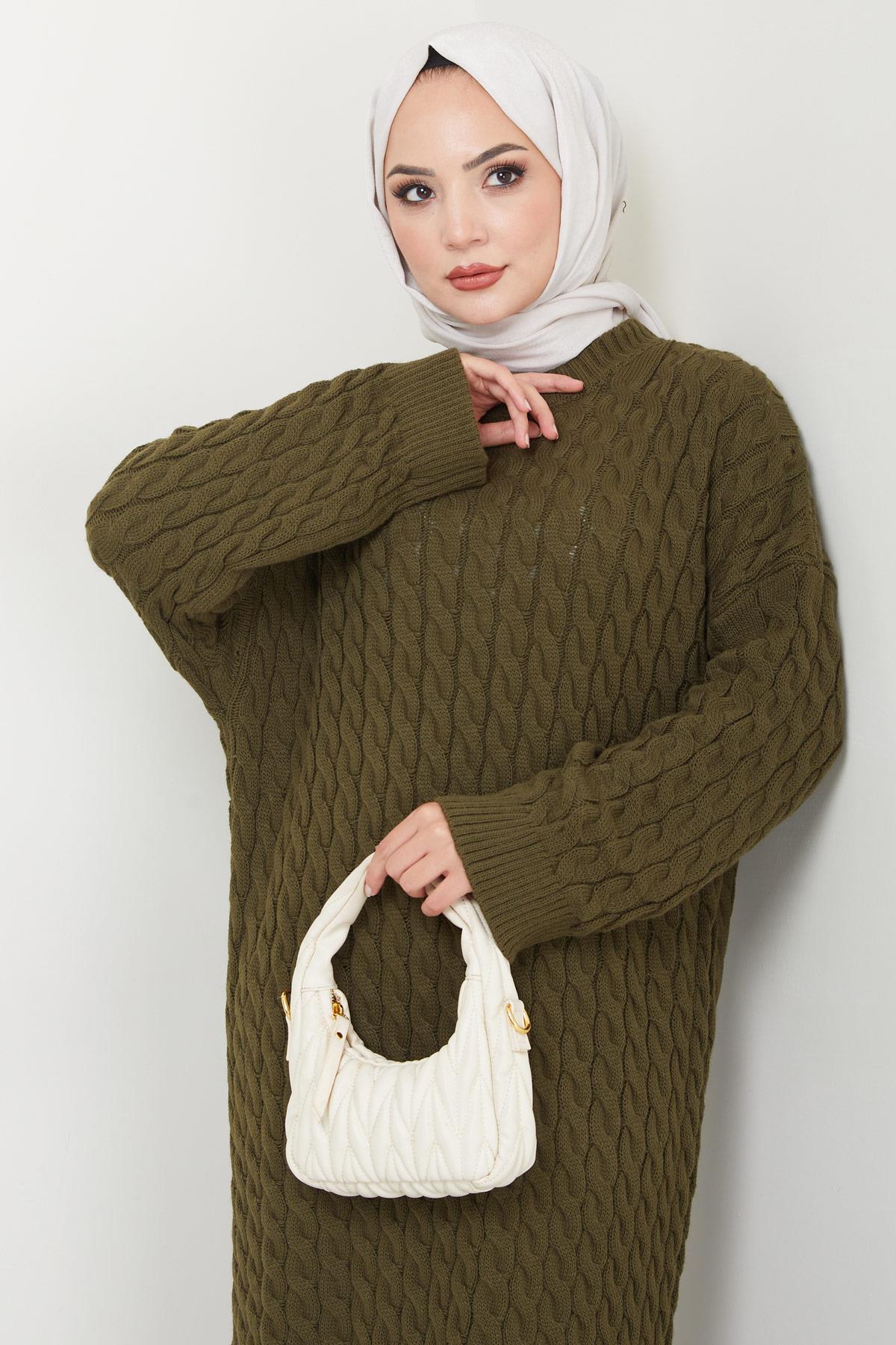 Örgü Desen Triko Elbise Haki HM2526