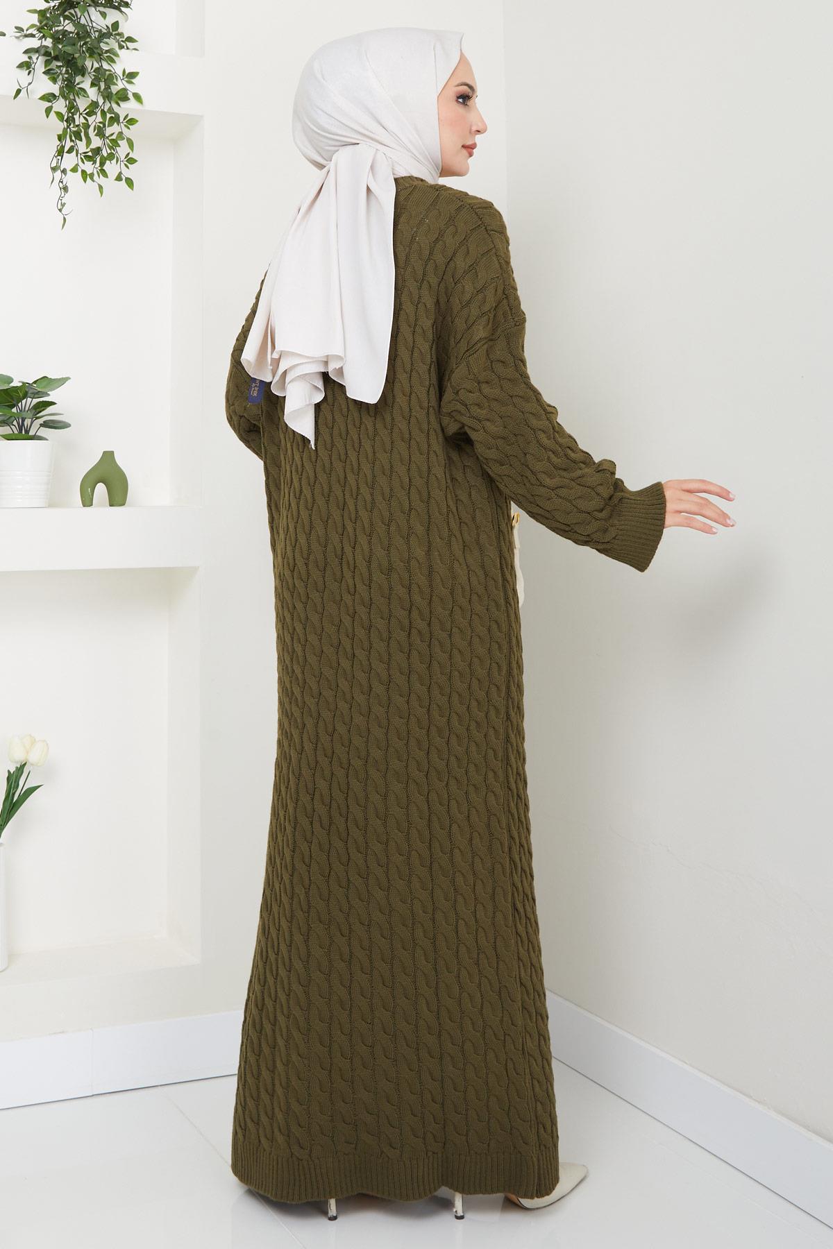 Örgü Desen Triko Elbise Haki HM2526