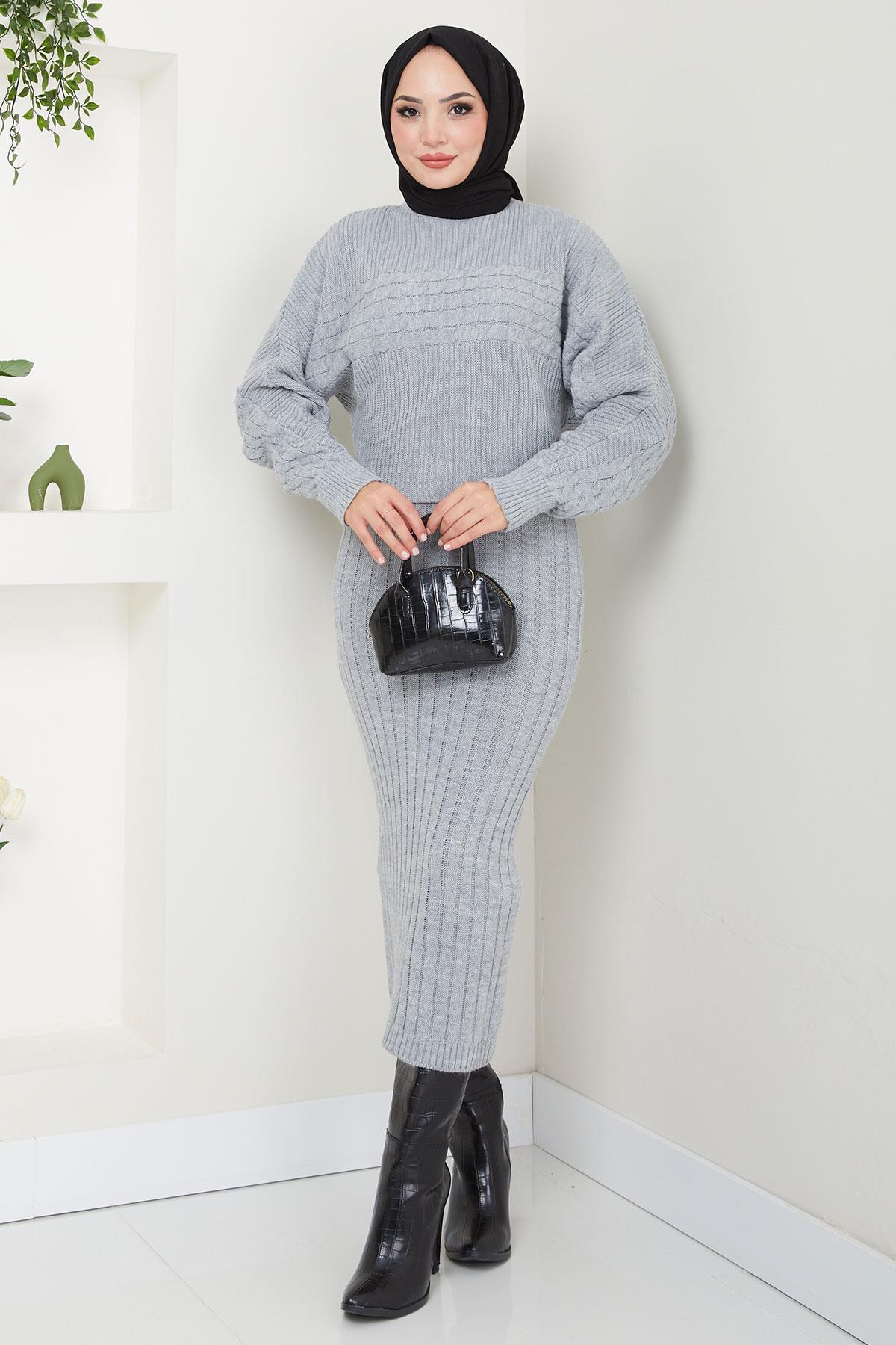 Örgü Desenli Jile Bluz Triko Takım Gri HM2559