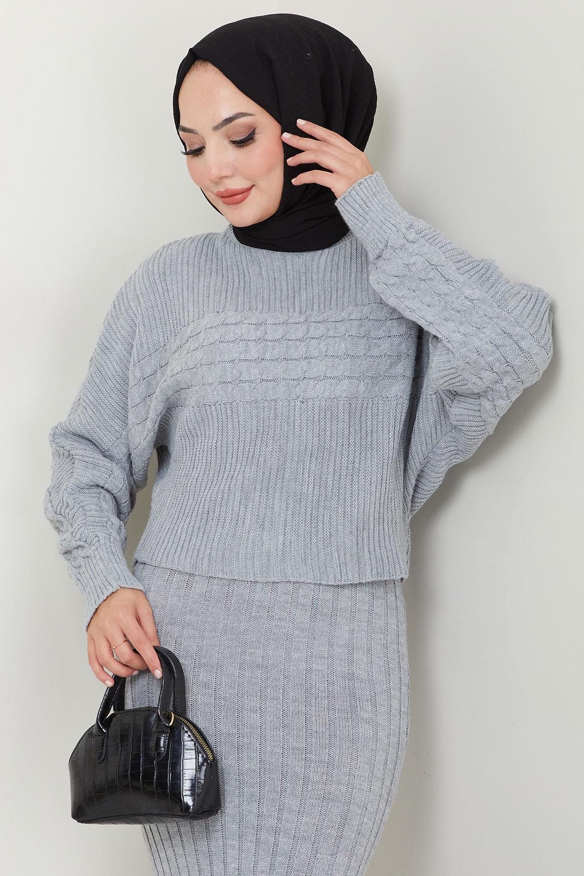 Örgü Desenli Jile Bluz Triko Takım Gri HM2559