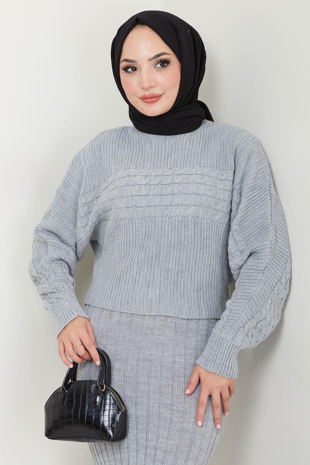Örgü Desenli Jile Bluz Triko Takım Gri HM2559