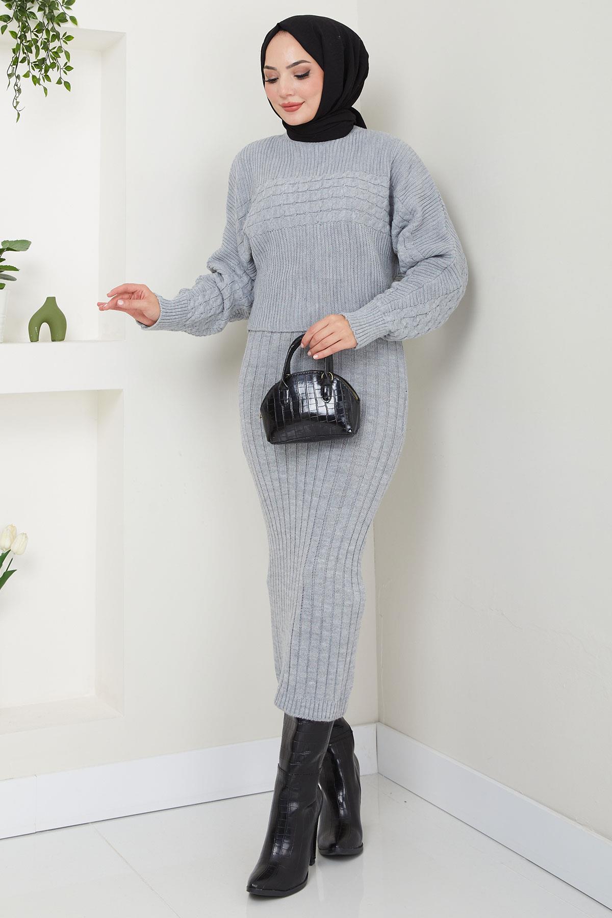 Örgü Desenli Jile Bluz Triko Takım Gri HM2559