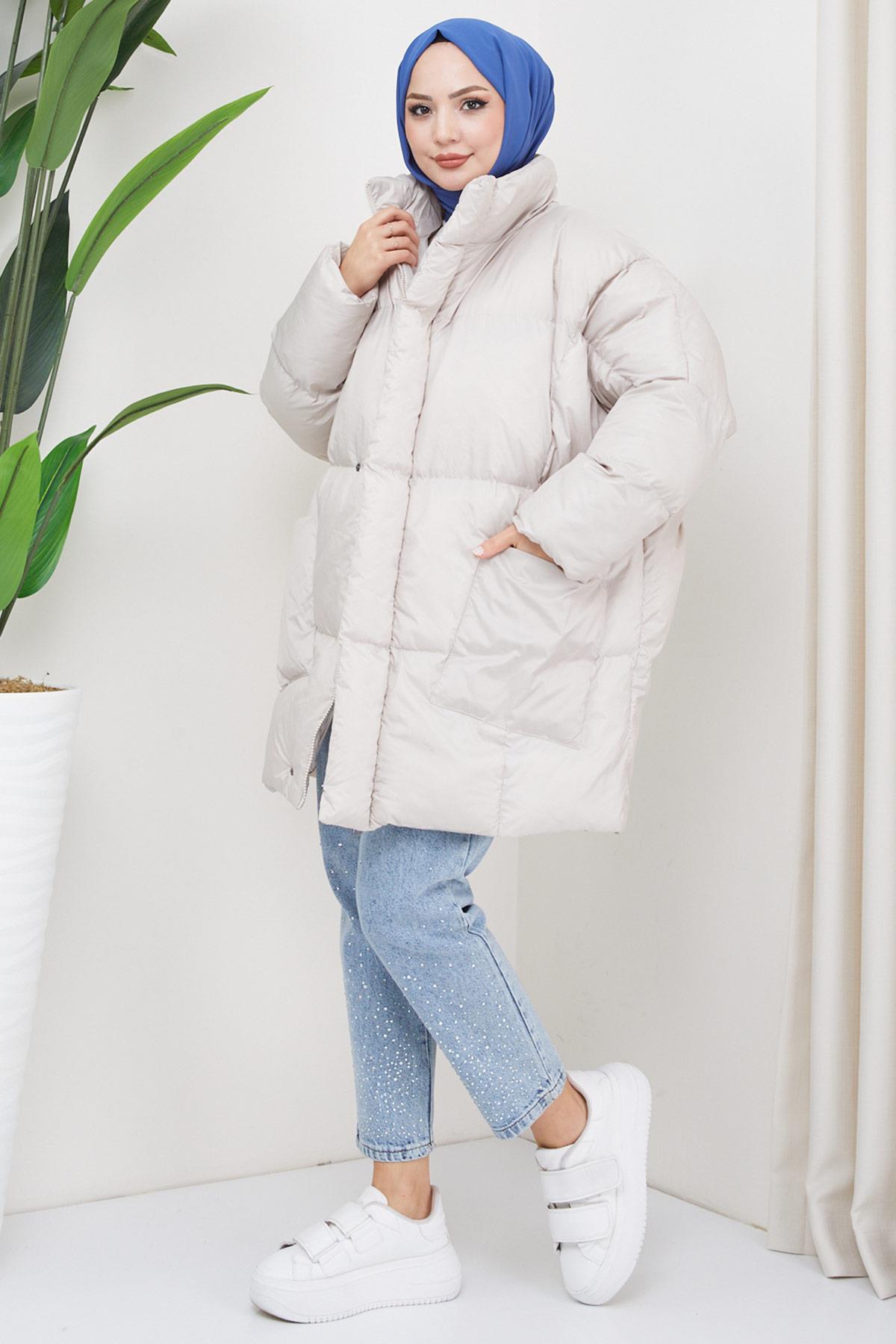 Oversize Torba Cep Şişme Mont Ekru HM2317