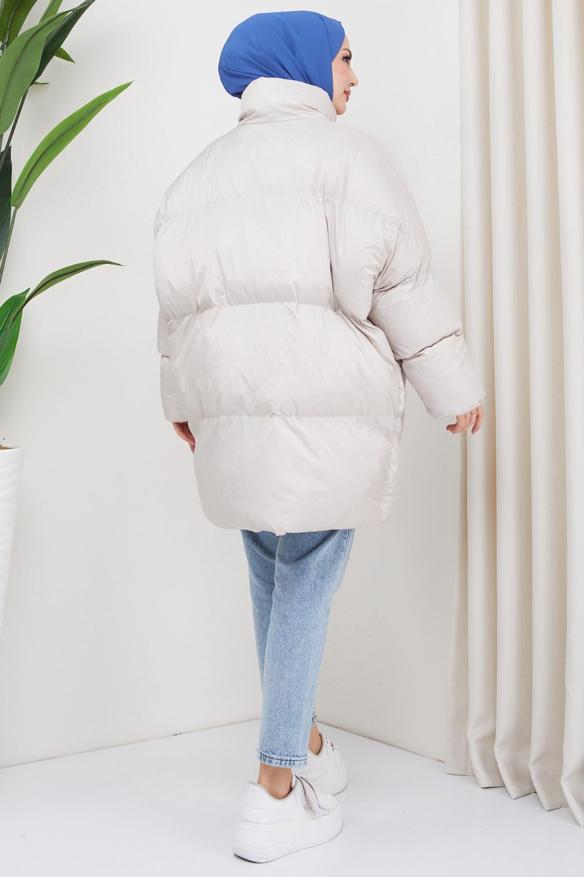 Oversize Torba Cep Şişme Mont Ekru HM2317