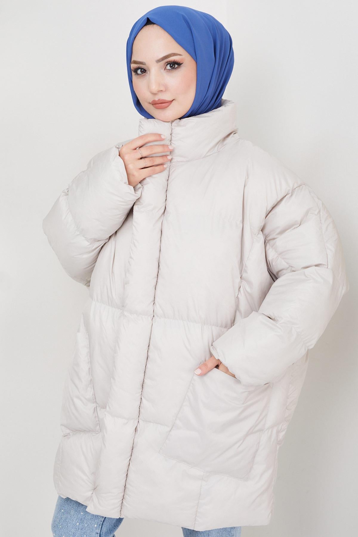 Oversize Torba Cep Şişme Mont Ekru HM2317