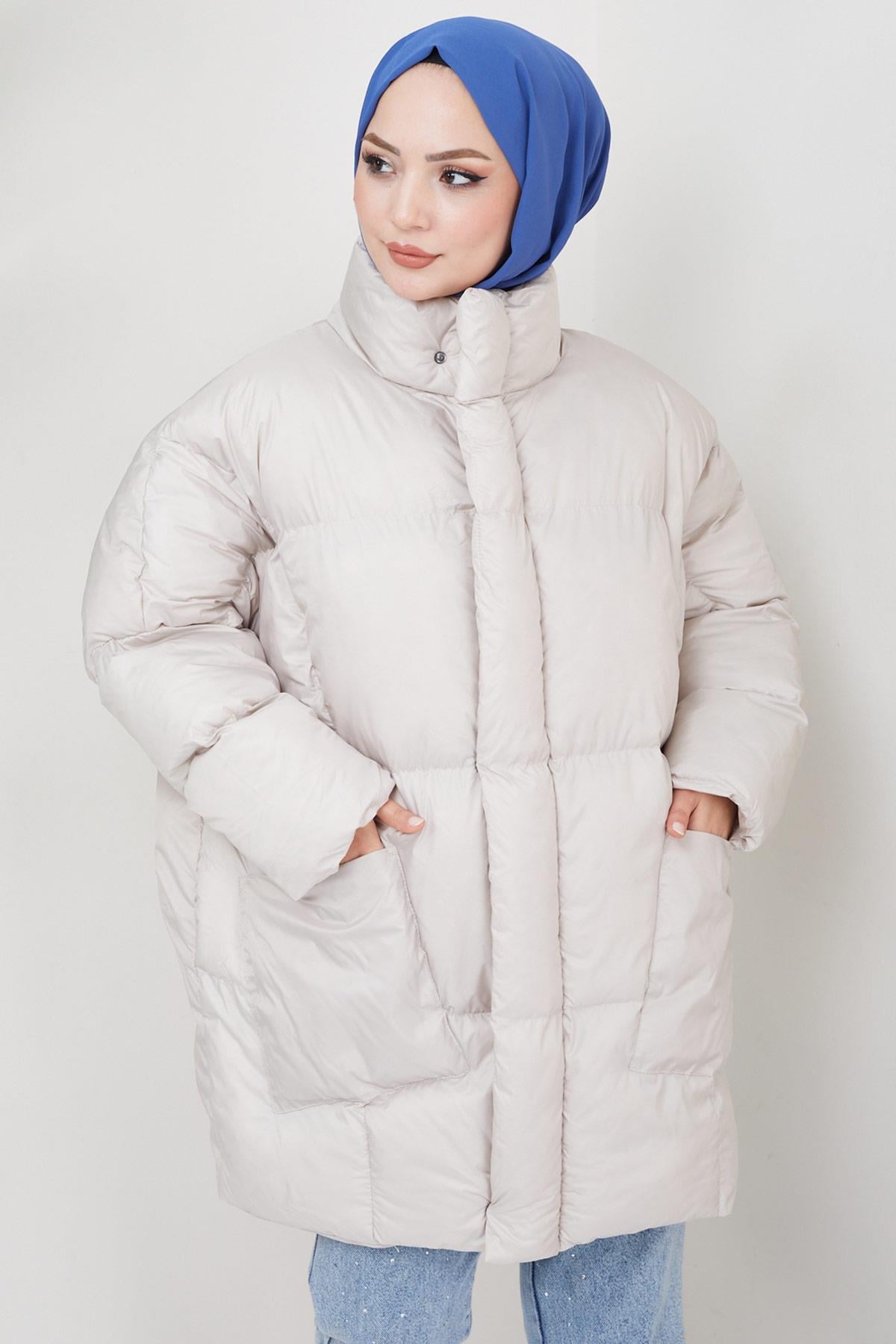 Oversize Torba Cep Şişme Mont Ekru HM2317