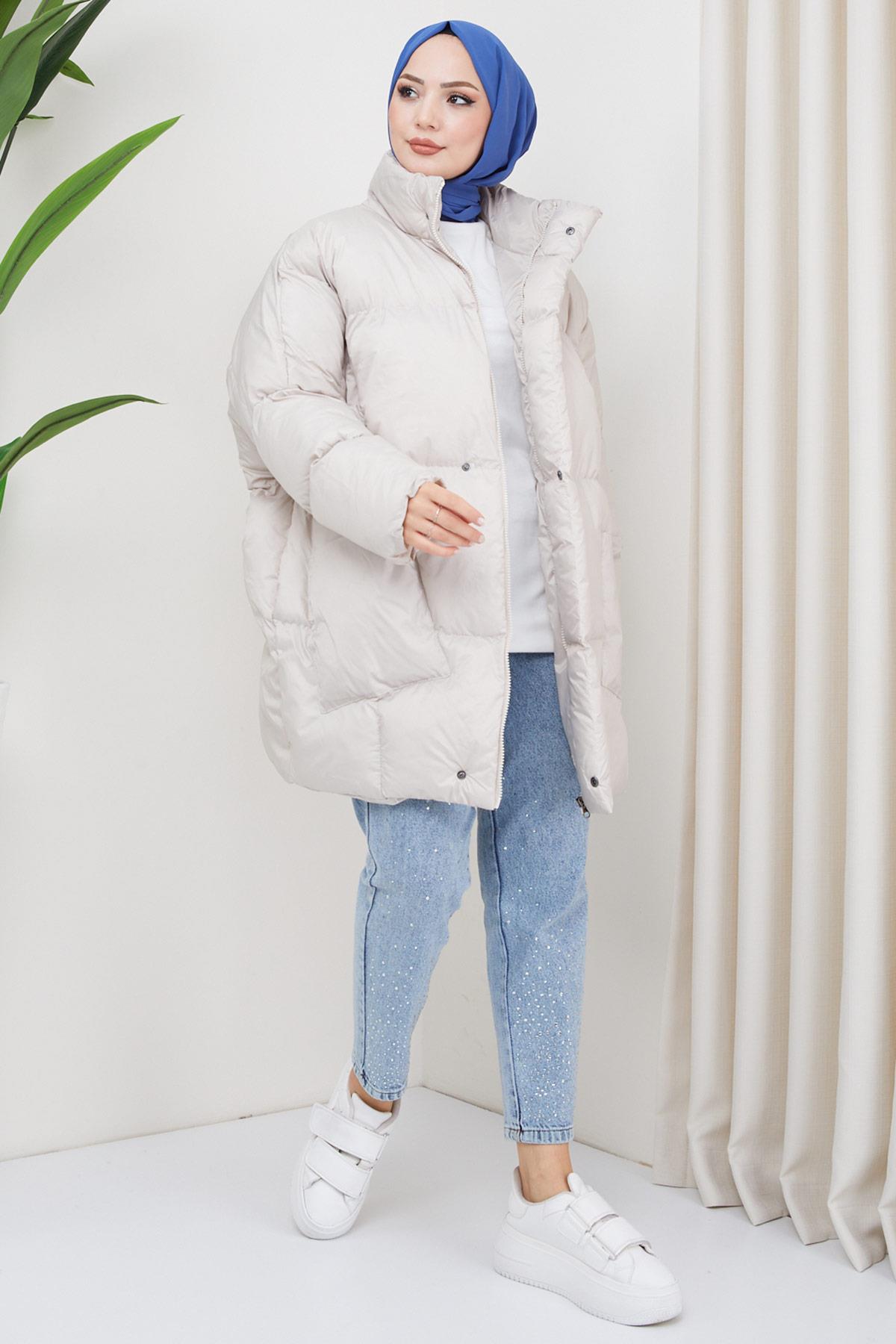 Oversize Torba Cep Şişme Mont Ekru HM2317