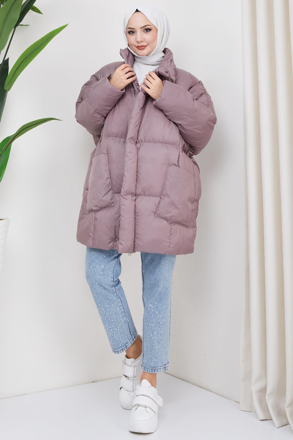 Oversize Torba Cep Şişme Mont Gül Kurusu HM2317