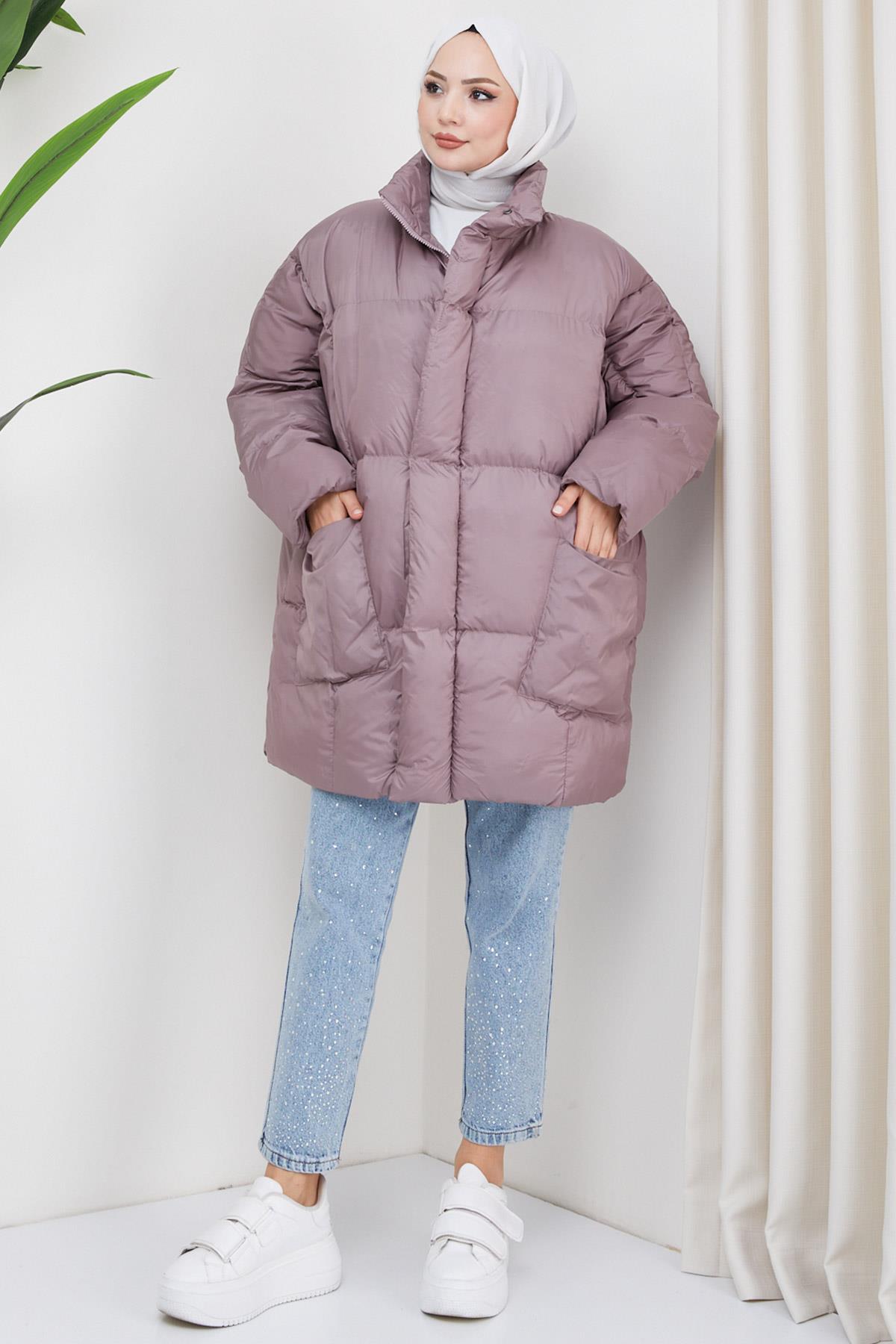 Oversize Torba Cep Şişme Mont Gül Kurusu HM2317