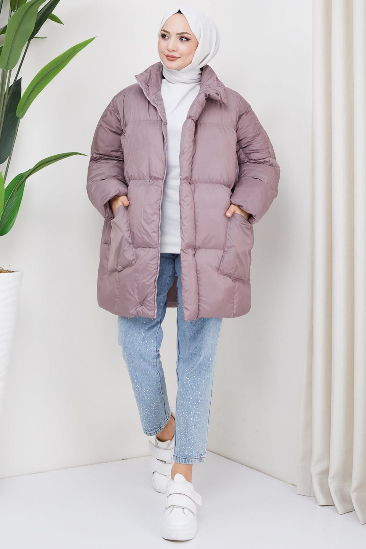 Oversize Torba Cep Şişme Mont Gül Kurusu HM2317
