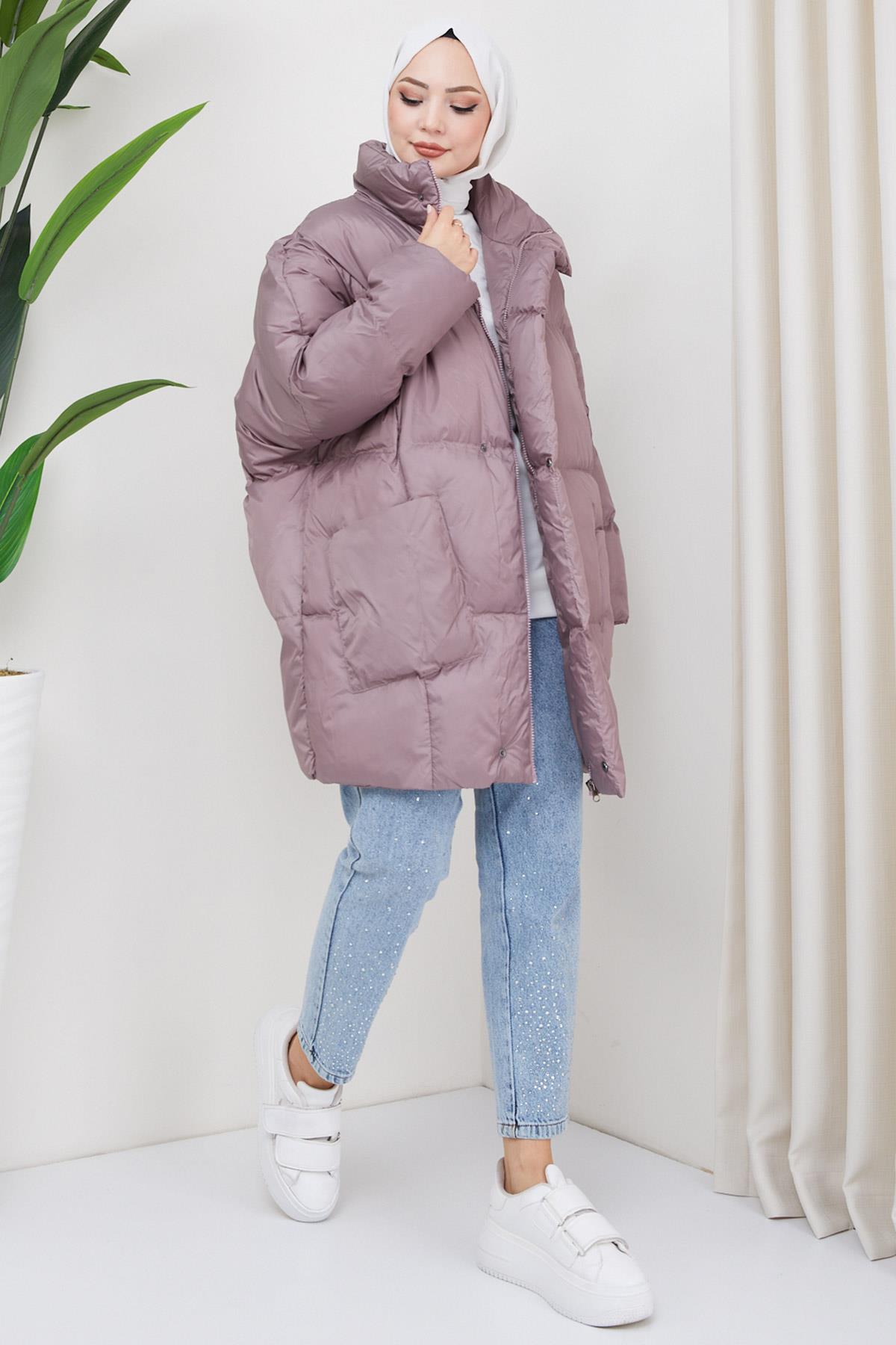 Oversize Torba Cep Şişme Mont Gül Kurusu HM2317
