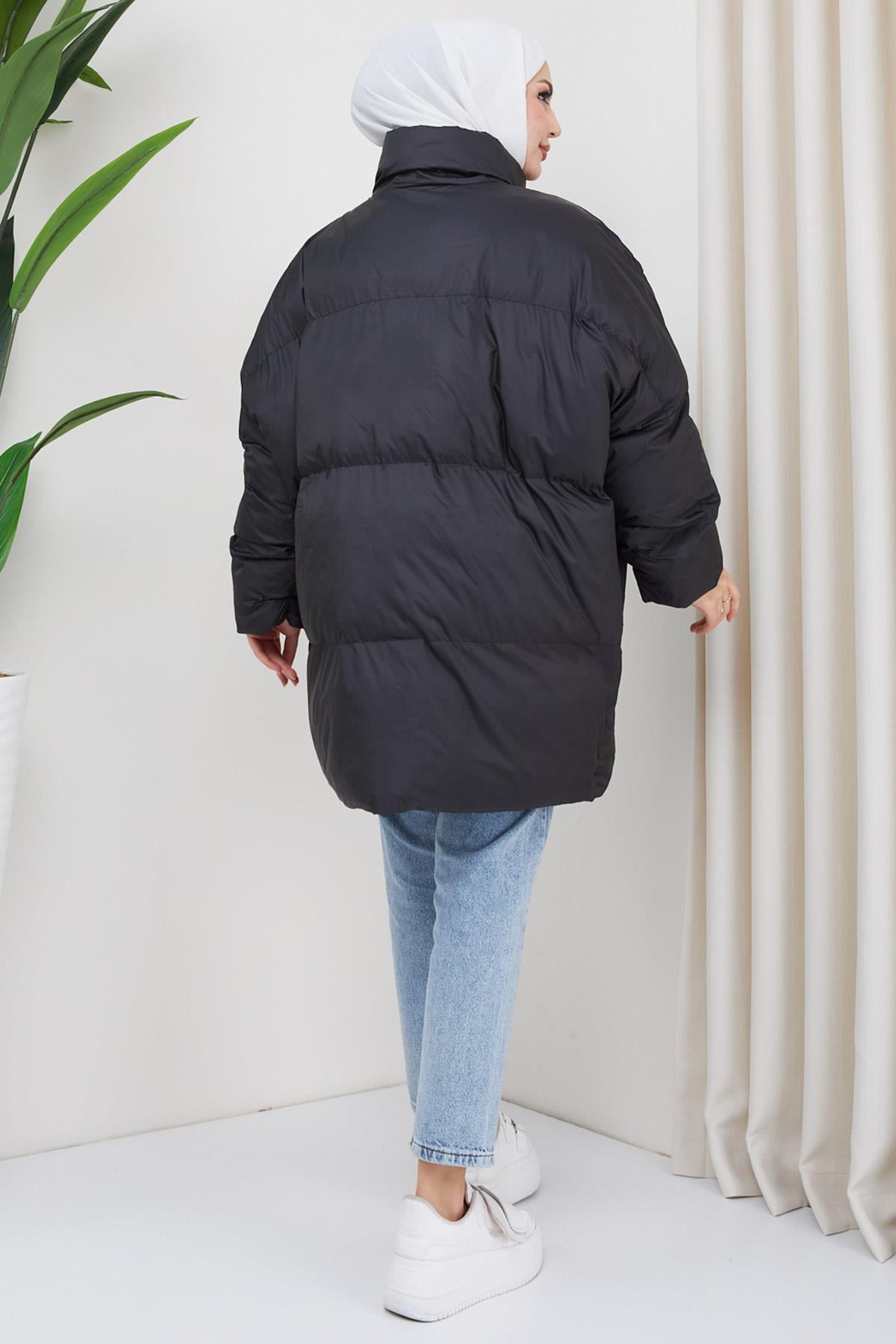 Oversize Torba Cep Şişme Mont Siyah HM2317
