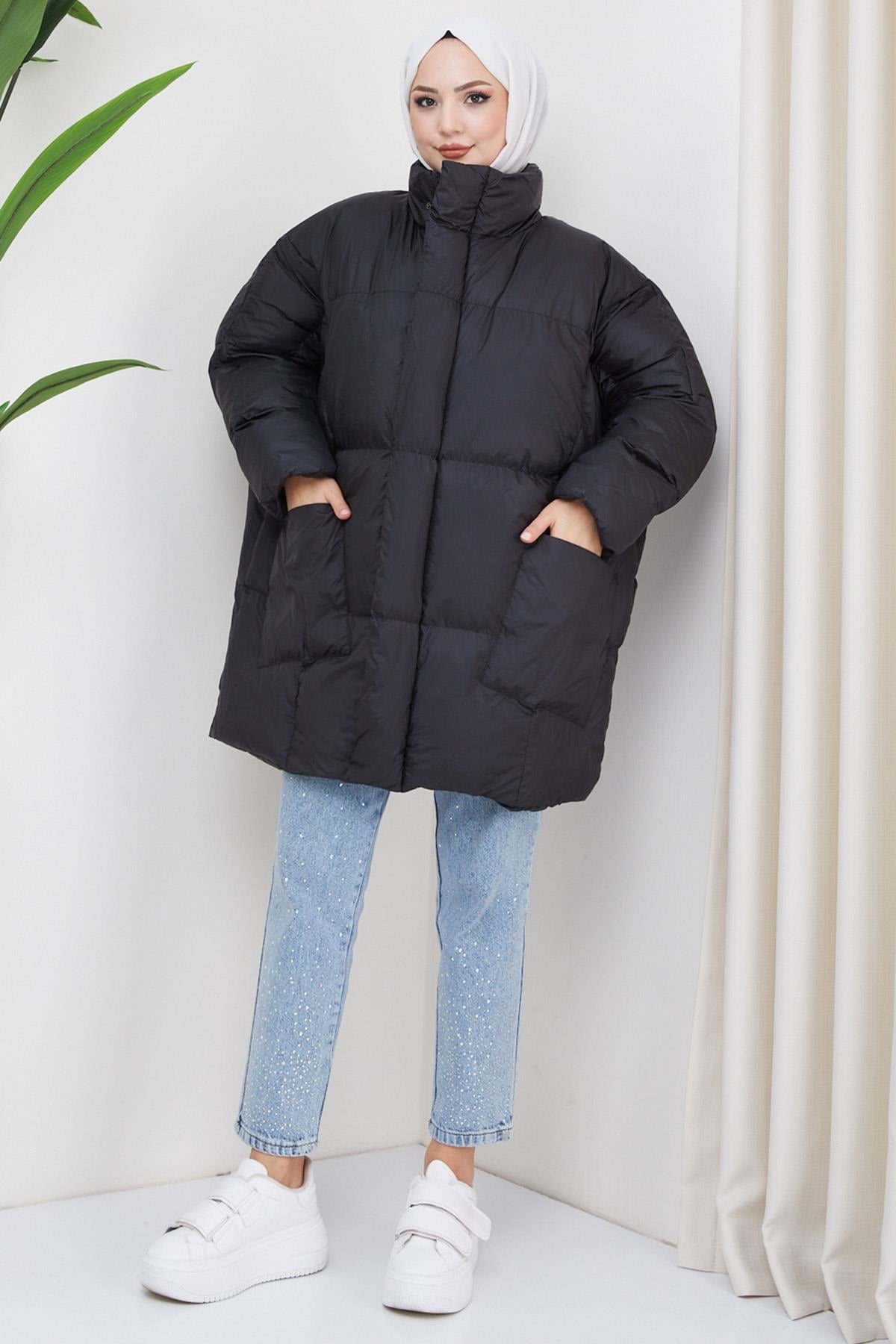 Oversize Torba Cep Şişme Mont Siyah HM2317