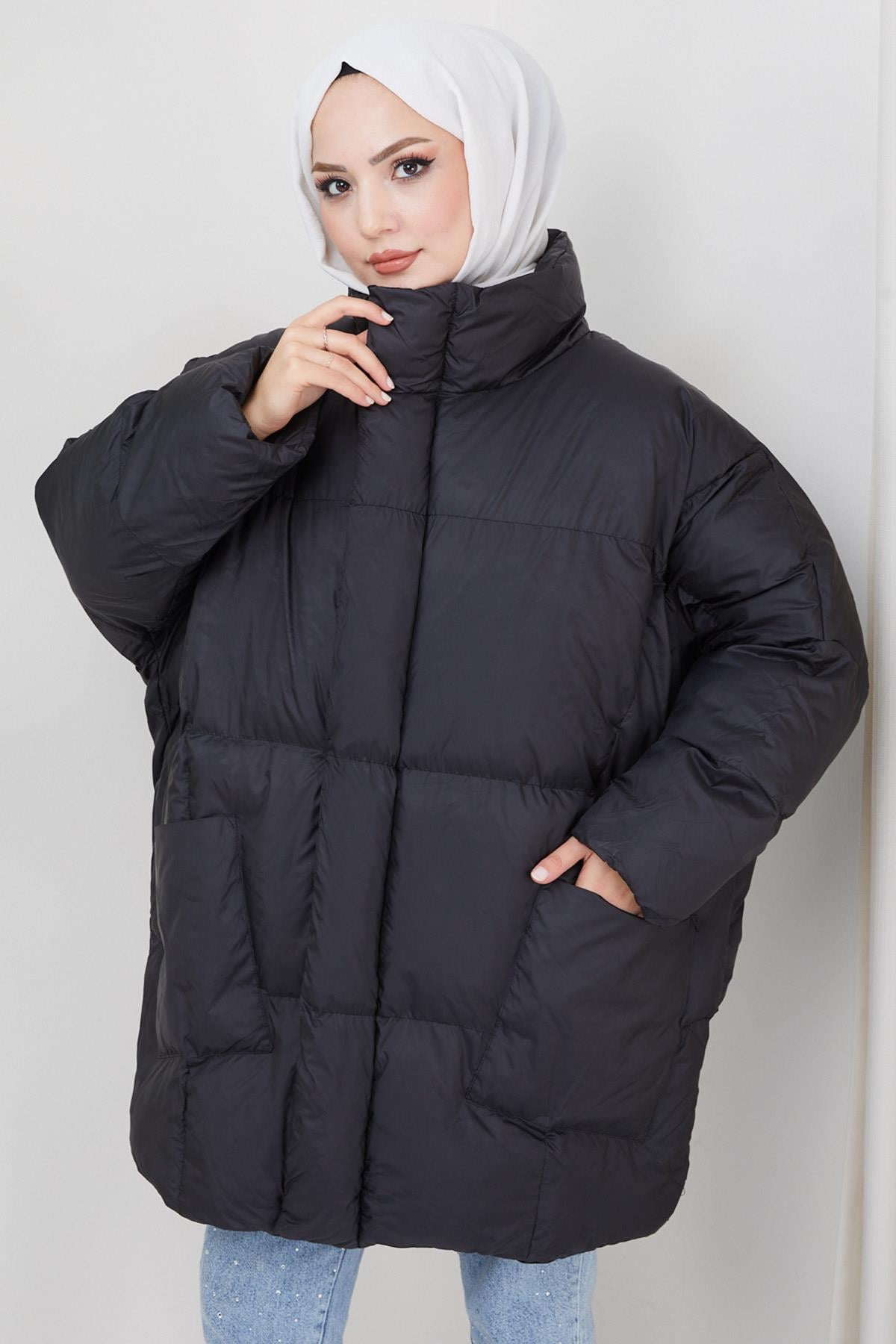 Oversize Torba Cep Şişme Mont Siyah HM2317