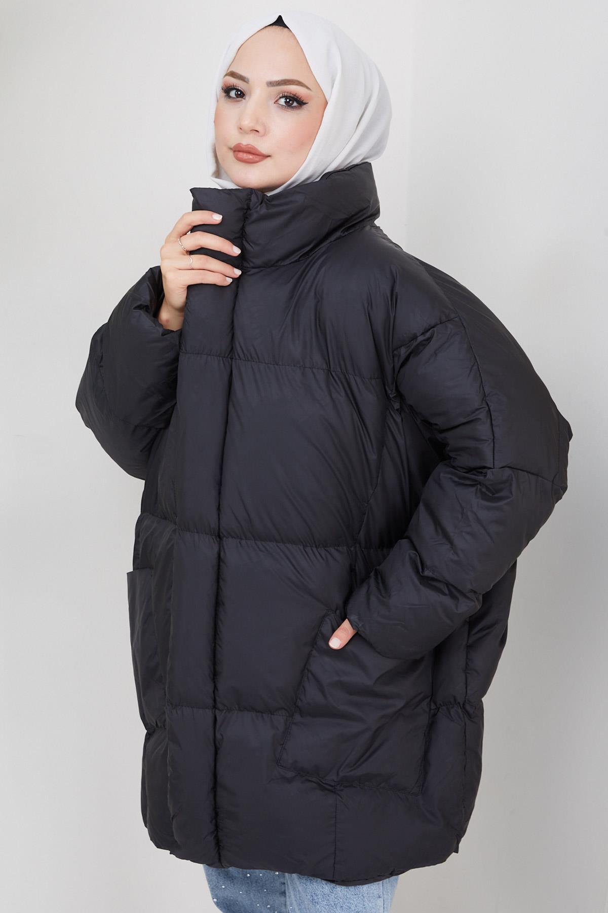 Oversize Torba Cep Şişme Mont Siyah HM2317