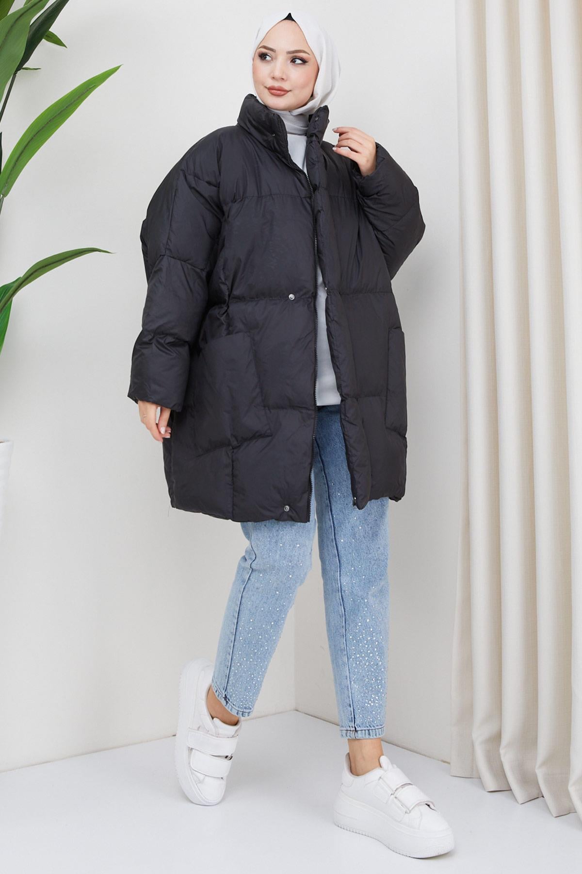Oversize Torba Cep Şişme Mont Siyah HM2317