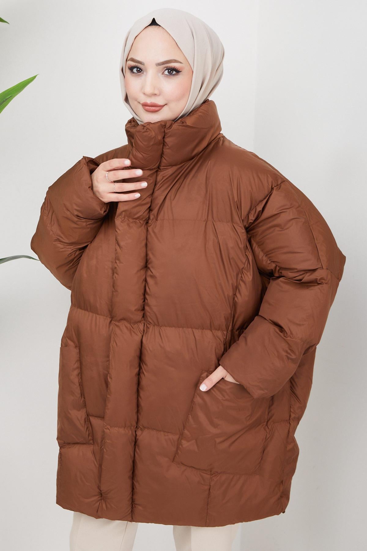 Oversize Torba Cep Şişme Mont Taba HM2317