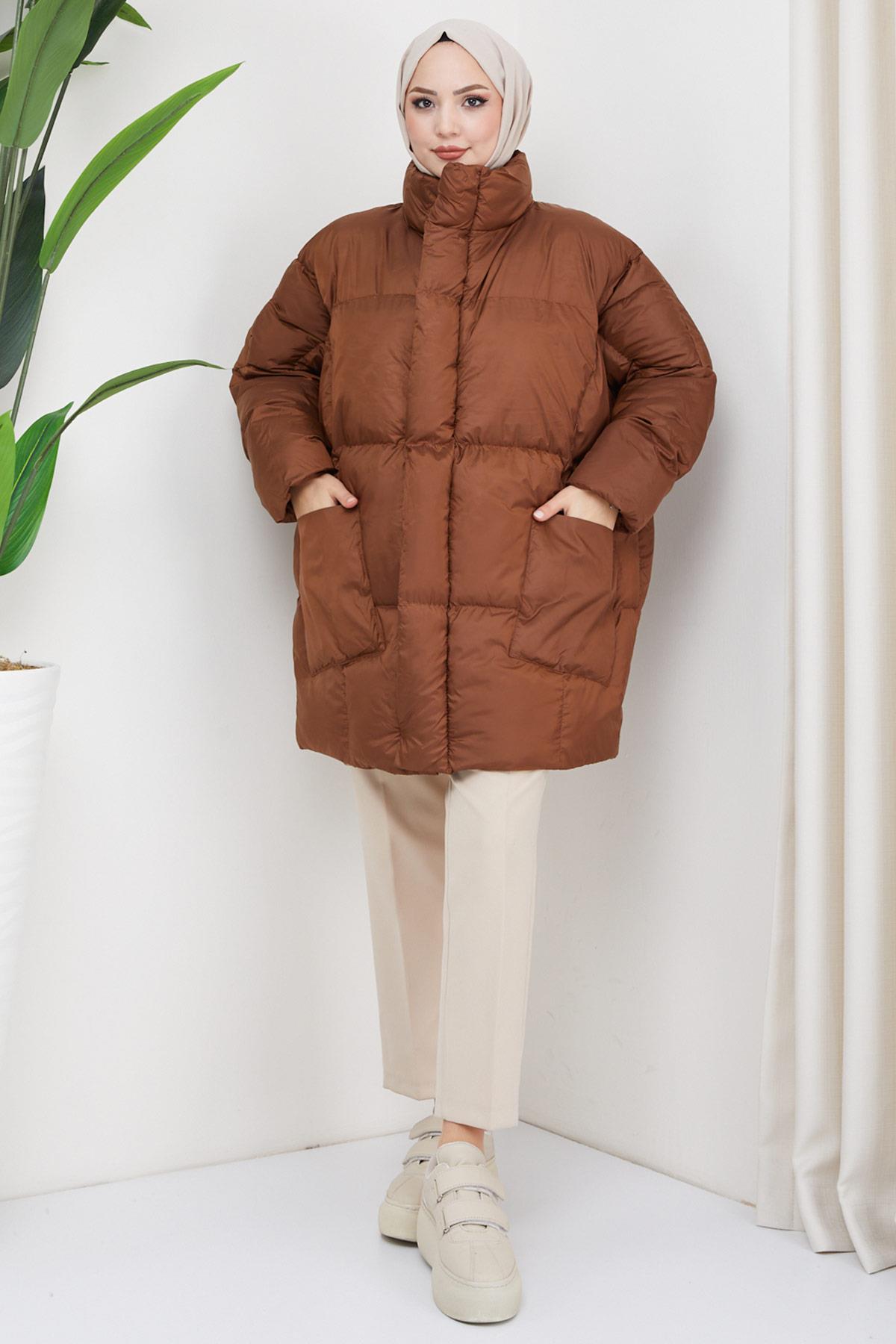 Oversize Torba Cep Şişme Mont Taba HM2317