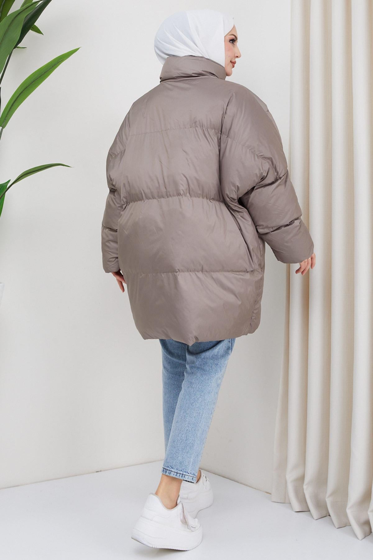 Oversize Torba Cep Şişme Mont Vizon HM2317