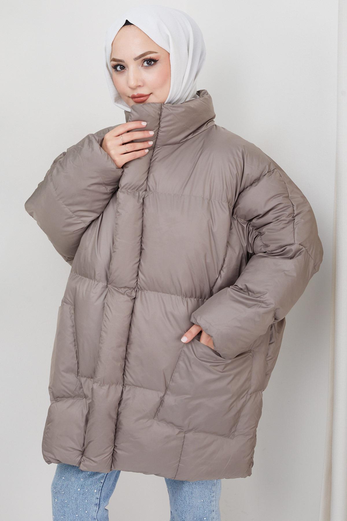 Oversize Torba Cep Şişme Mont Vizon HM2317