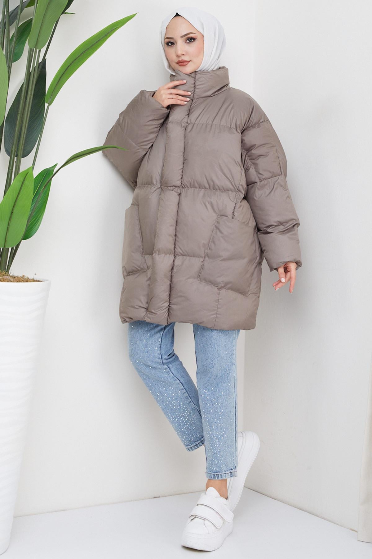 Oversize Torba Cep Şişme Mont Vizon HM2317