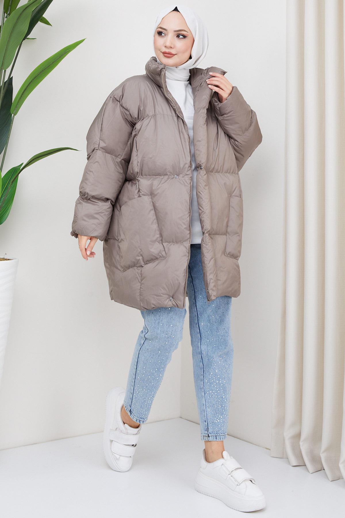 Oversize Torba Cep Şişme Mont Vizon HM2317