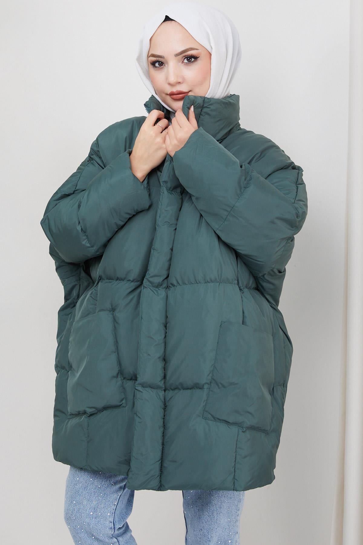 Oversize Torba Cep Şişme Mont Yeşil HM2317