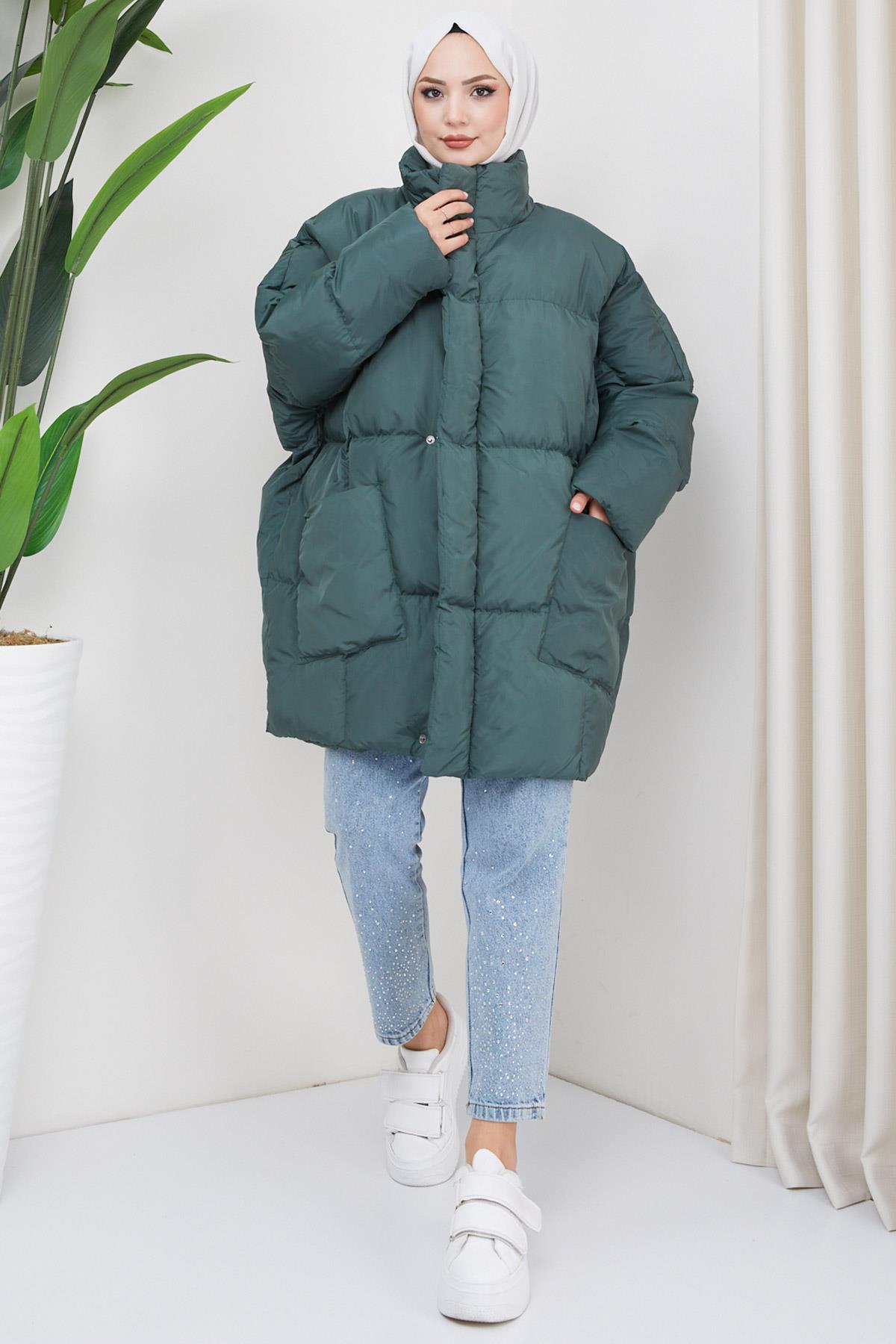Oversize Torba Cep Şişme Mont Yeşil HM2317