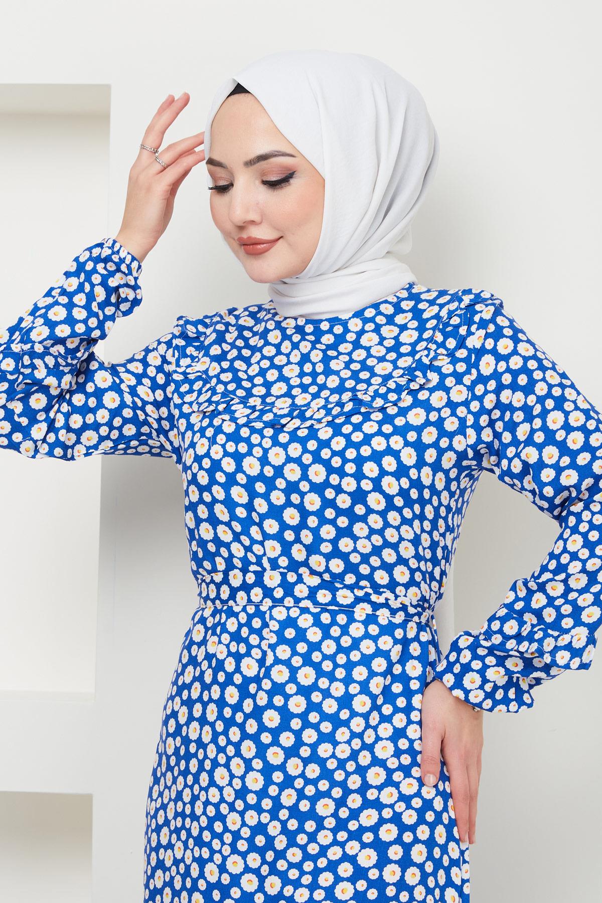 Papatya Desenli Mavi Viskon Elbise HM2381