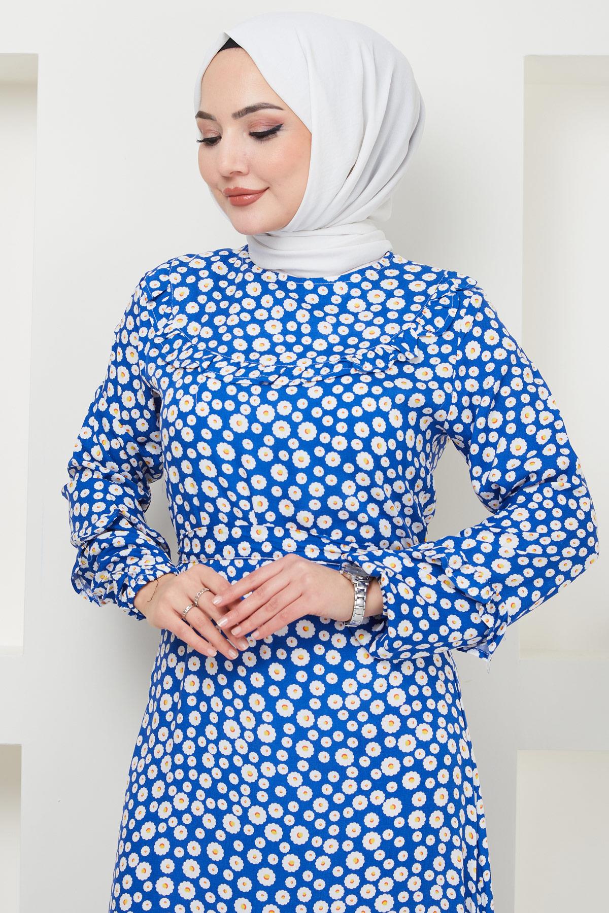 Papatya Desenli Mavi Viskon Elbise HM2381