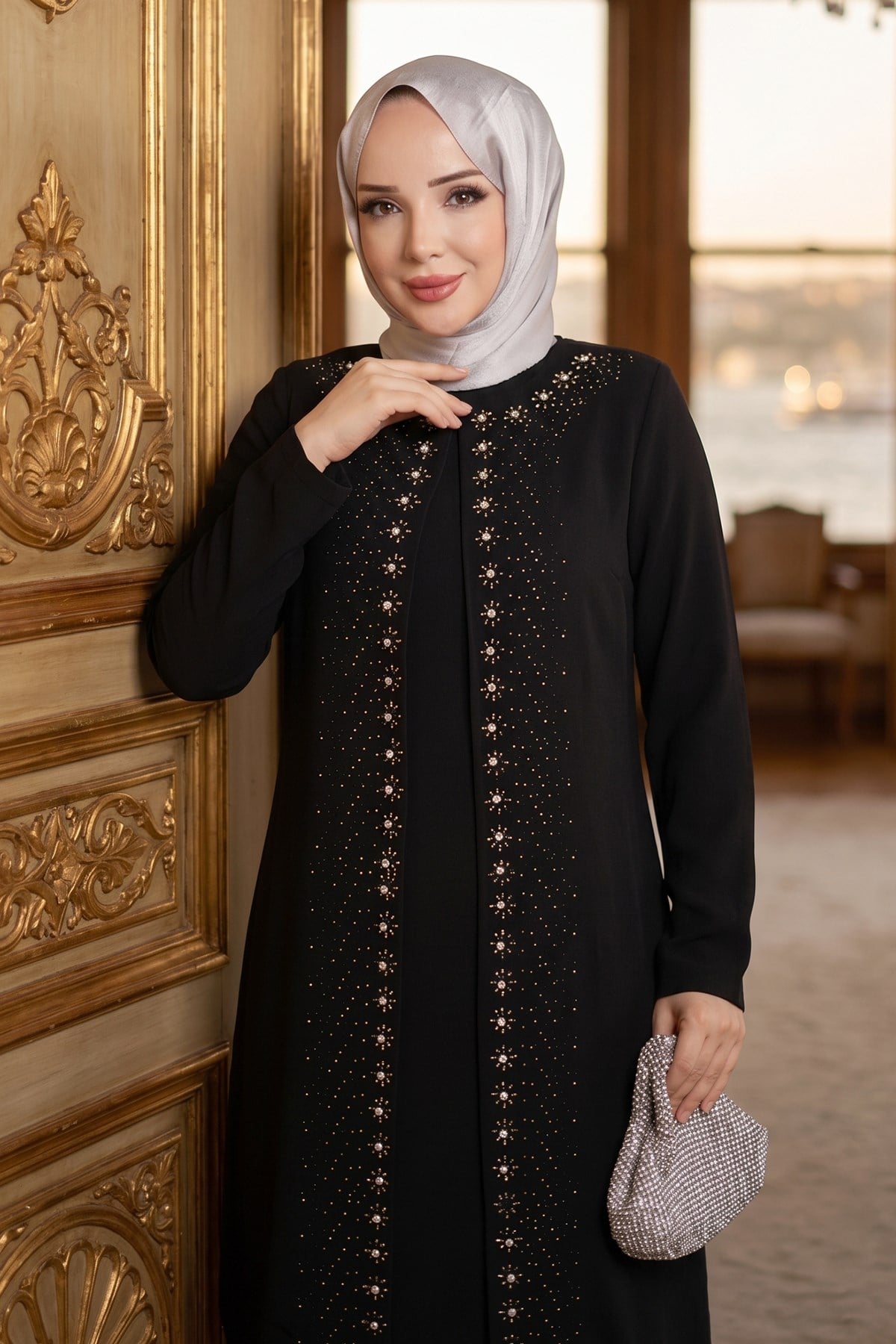Papatya Taş Detaylı Büyük Beden Anne Elbisesi Siyah HM2953