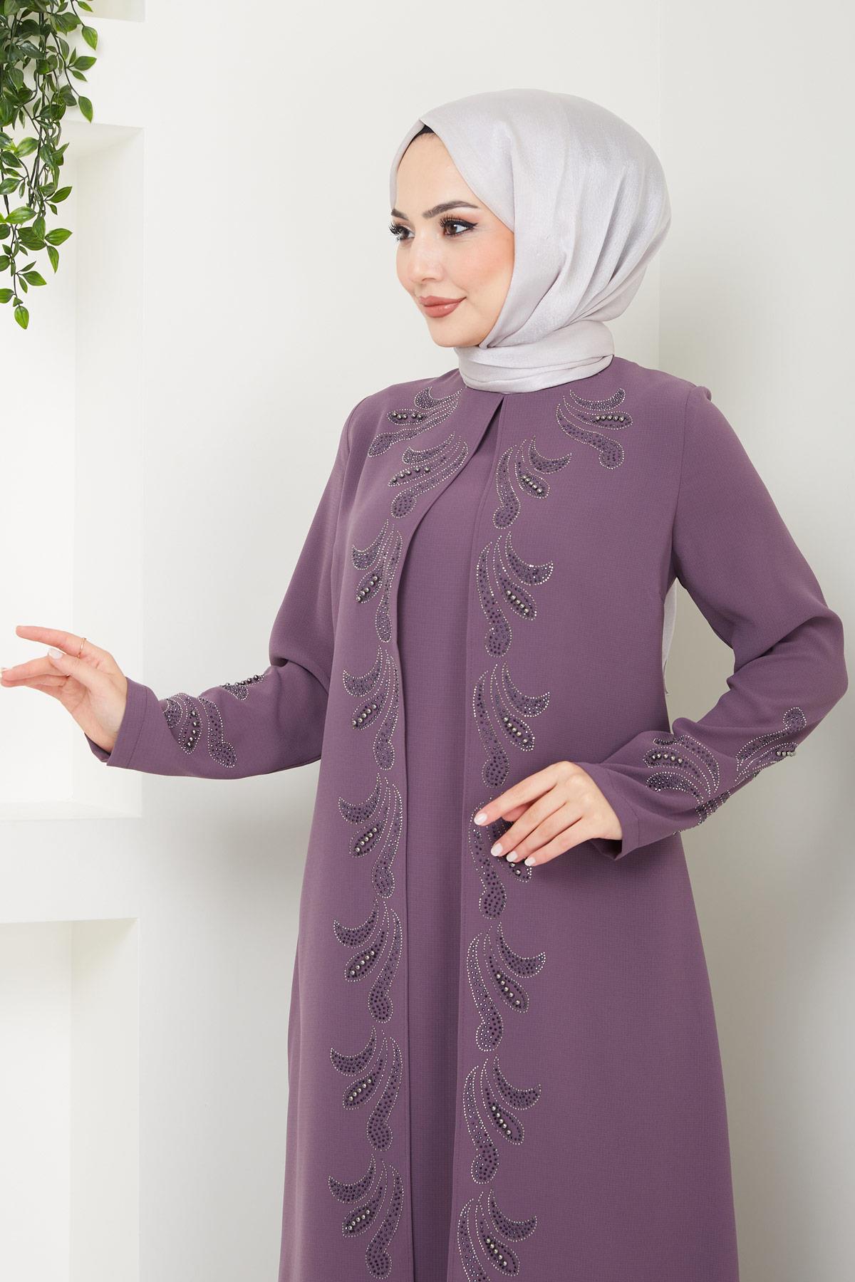 Parıltı Taş Detaylı Büyük Beden Anne Elbisesi Gül Kurusu HM2426