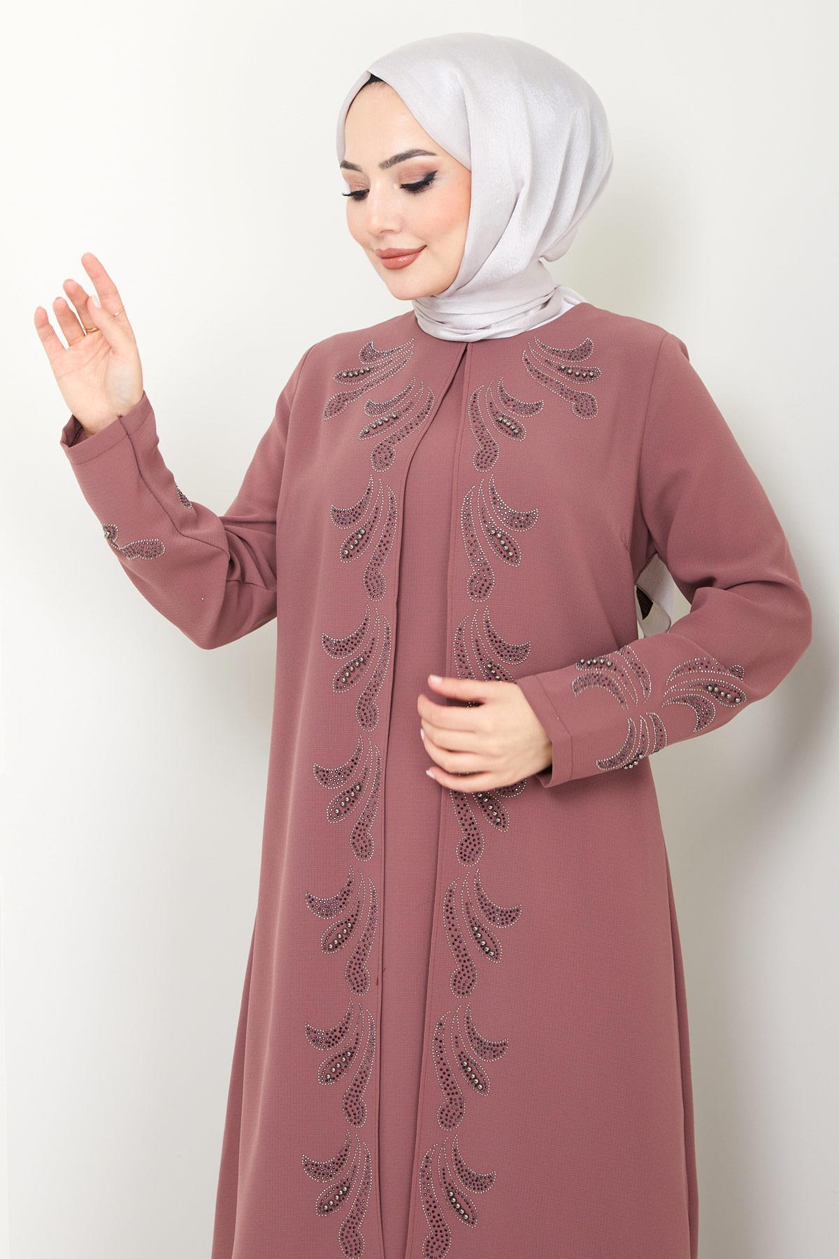 Parıltı Taş Detaylı Büyük Beden Anne Elbisesi Kiremit HM2426