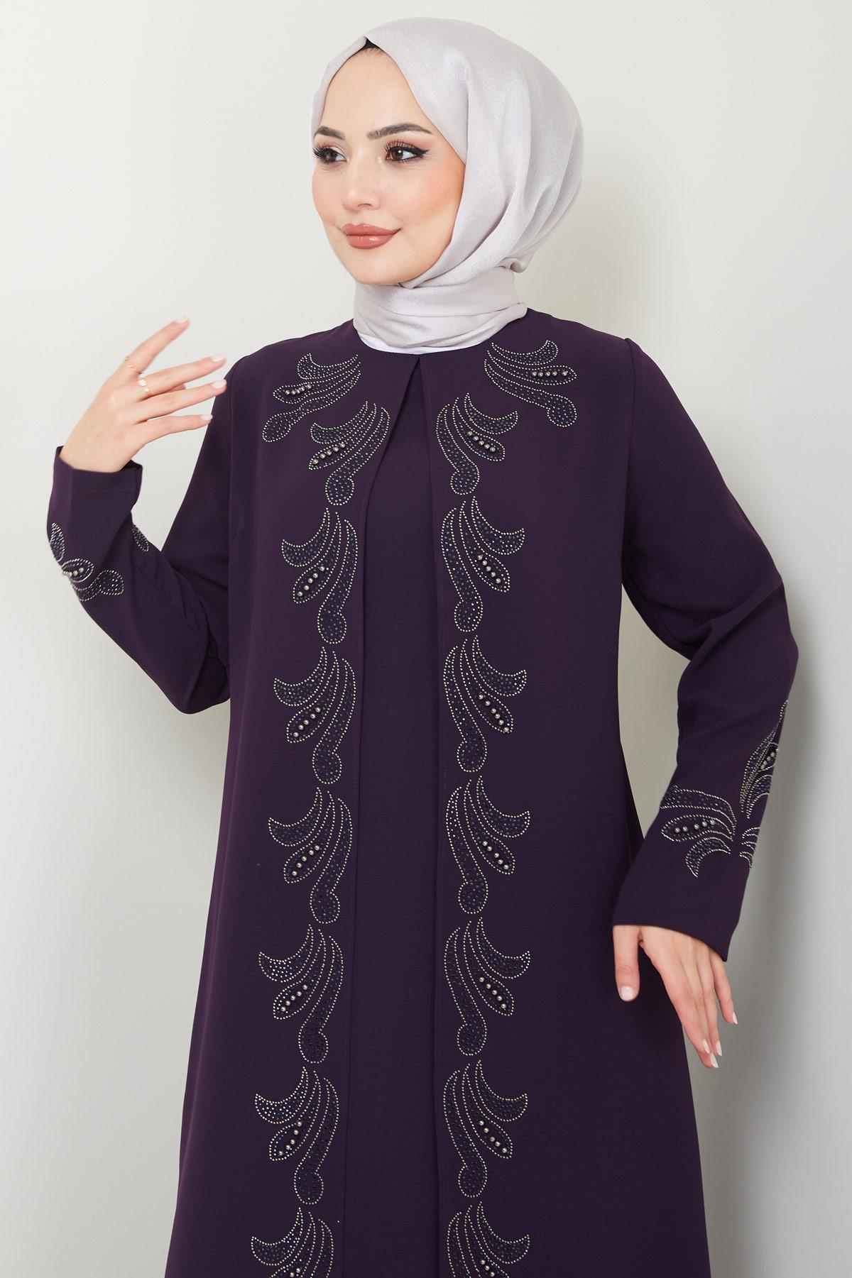 Parıltı Taş Detaylı Büyük Beden Anne Elbisesi Mürdüm HM2426