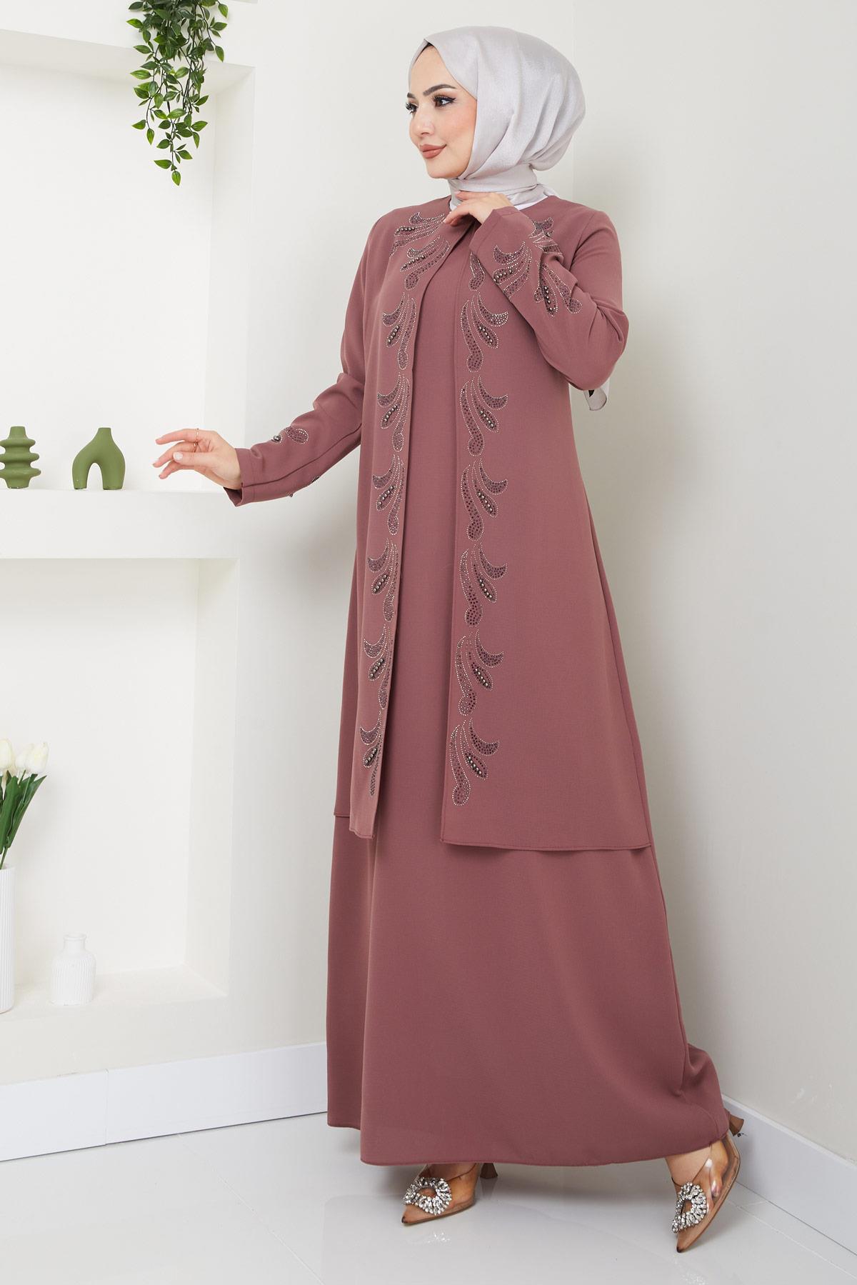 Parıltı Taş Detaylı Büyük Beden Anne Elbisesi Kiremit HM2426