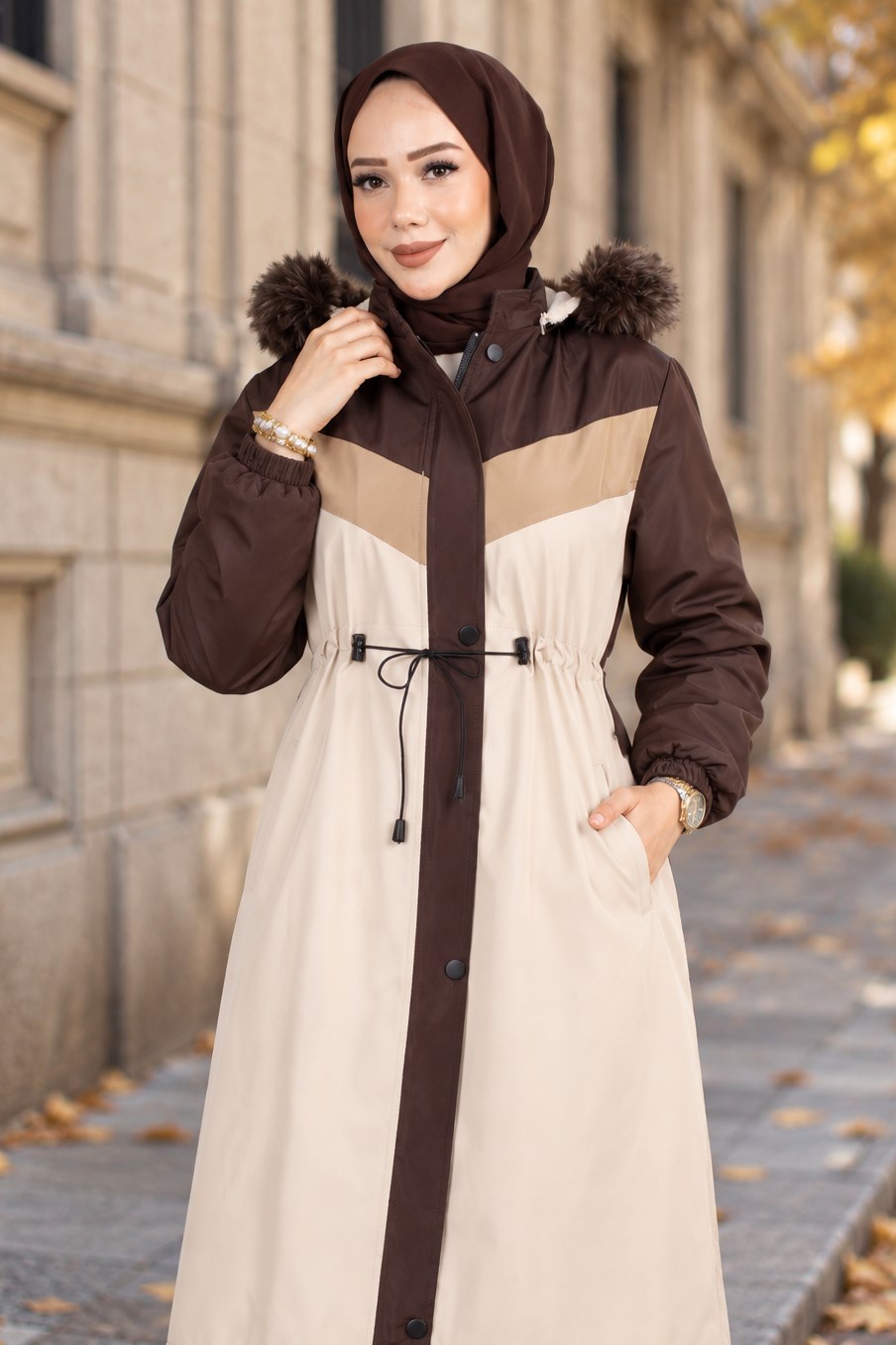 Peluş Astarlı Renk Garnili Mont Kahverengi HM2963