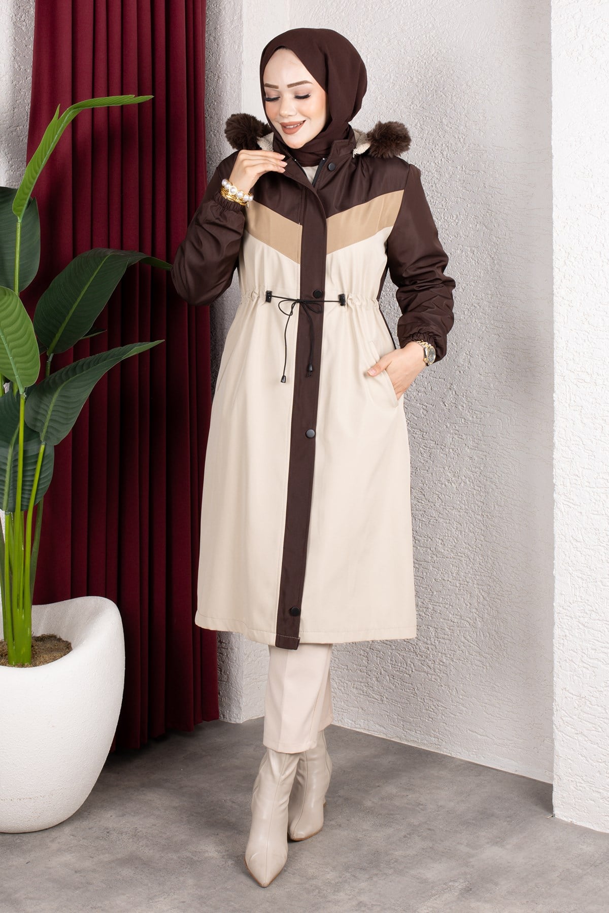 Peluş Astarlı Renk Garnili Mont Kahverengi HM2963
