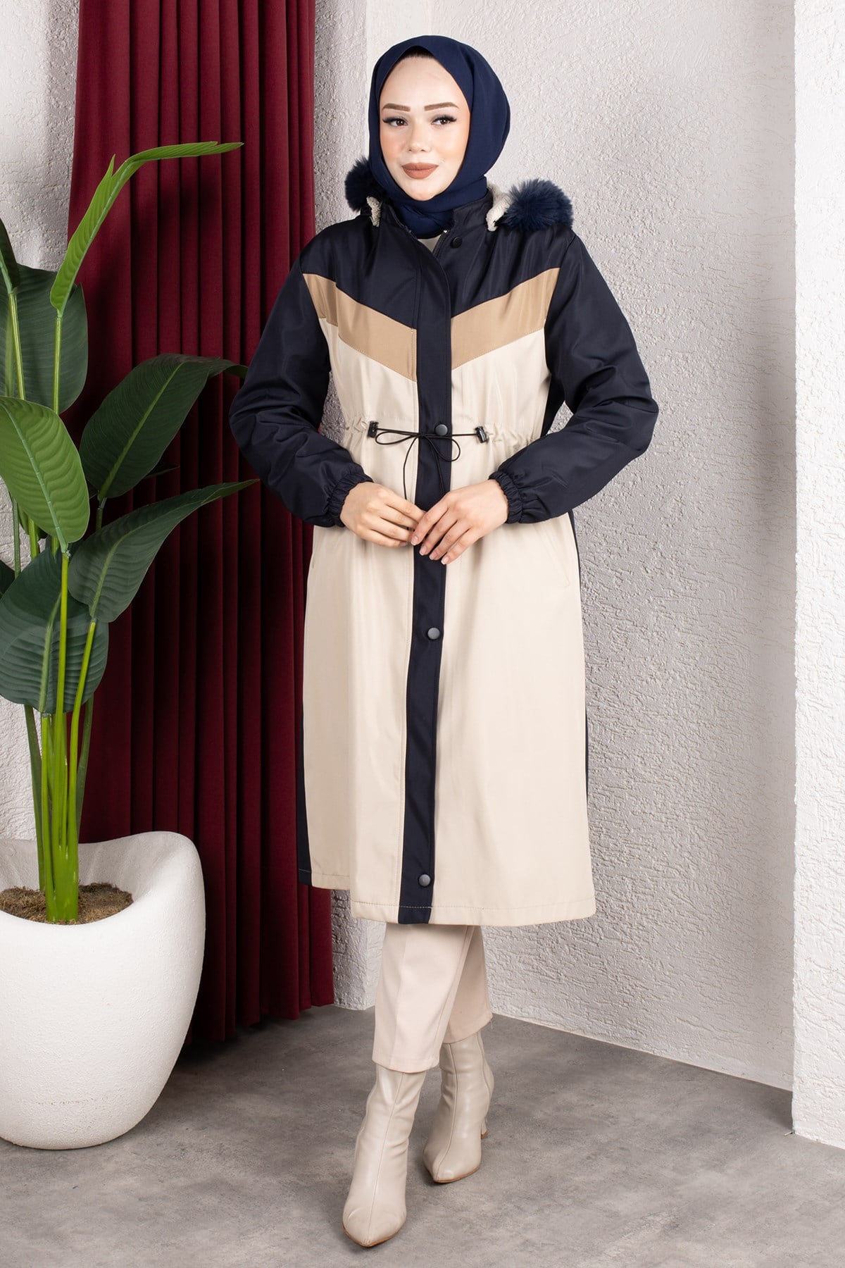 Peluş Astarlı Renk Garnili Mont Lacviert HM2963