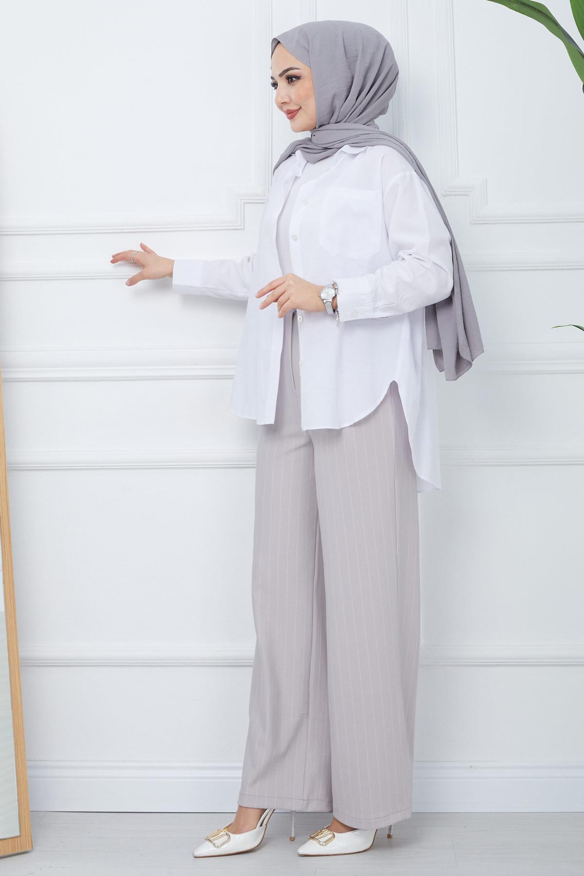 Pileli Çizgili Pantolon Gri HM2354