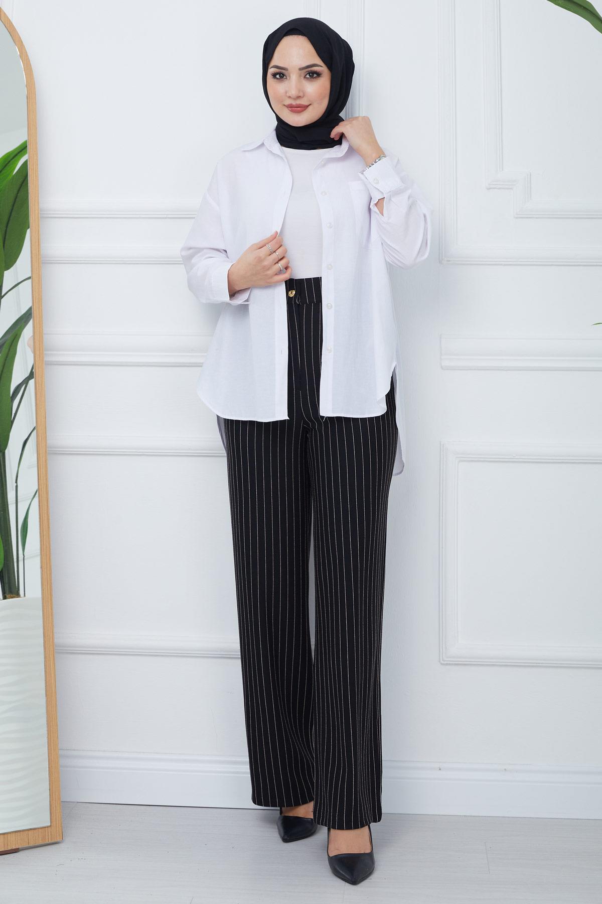 Pileli Çizgili Pantolon Siyah HM2354