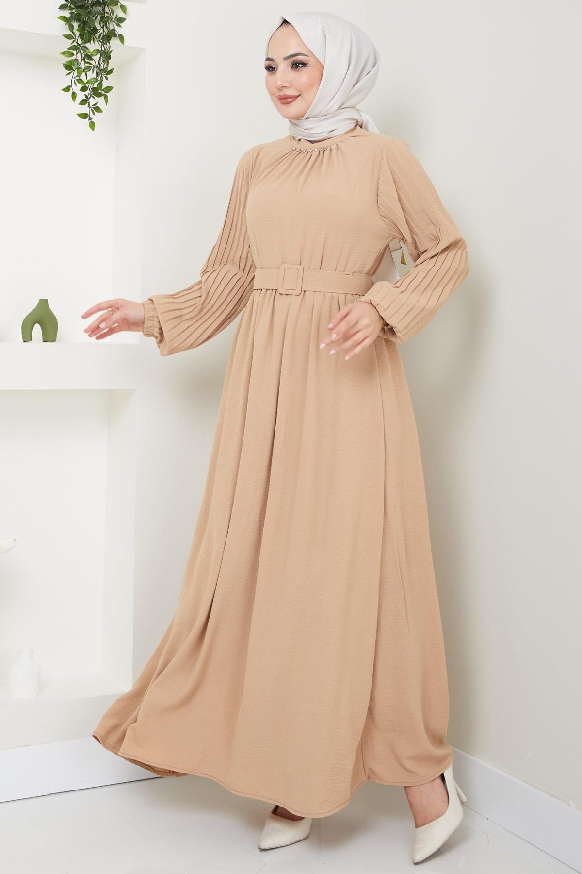 Pırlanta Pilise Kollu Elbise Camel HM2437