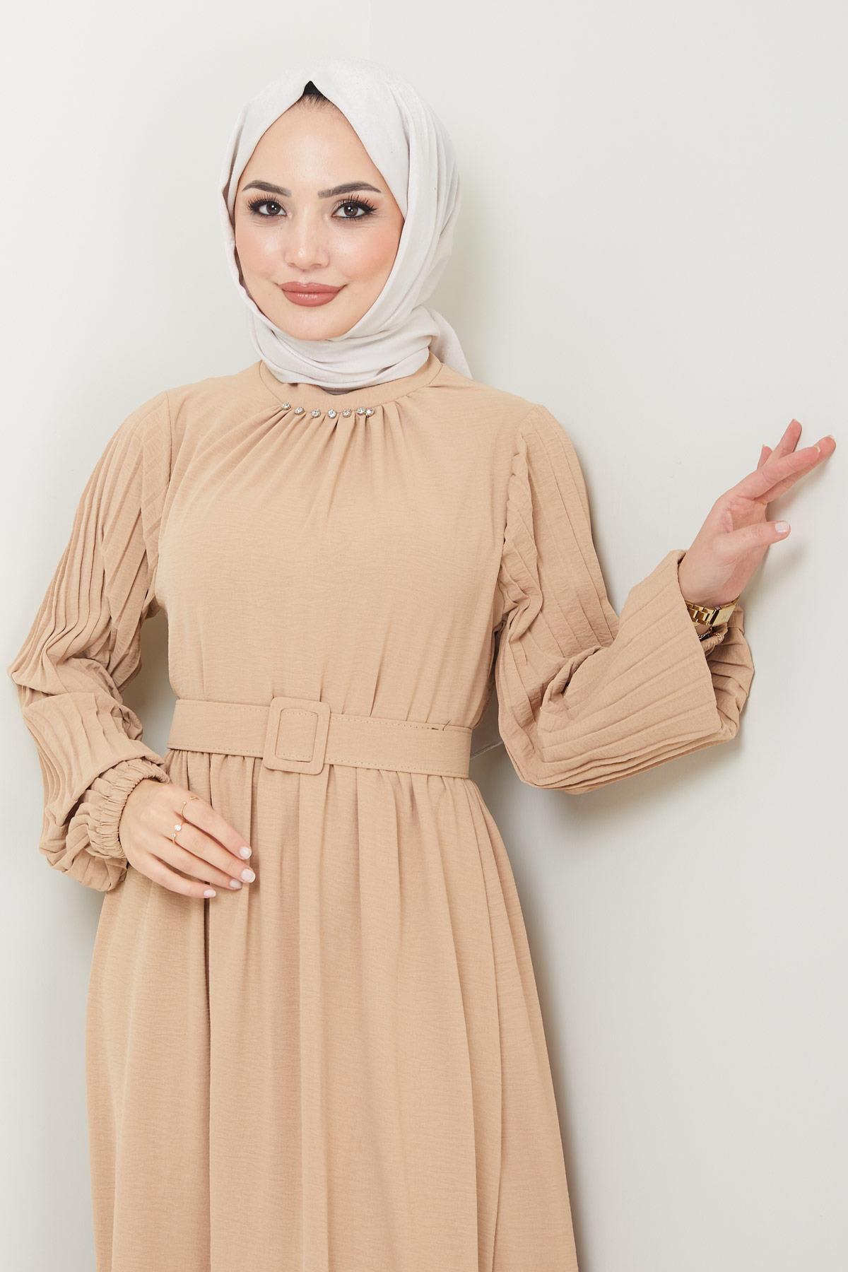 Pırlanta Pilise Kollu Elbise Camel HM2437
