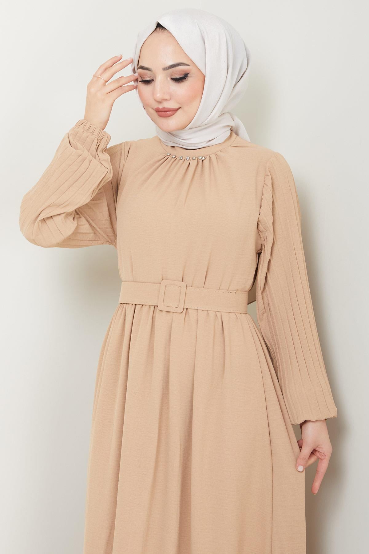 Pırlanta Pilise Kollu Elbise Camel HM2437