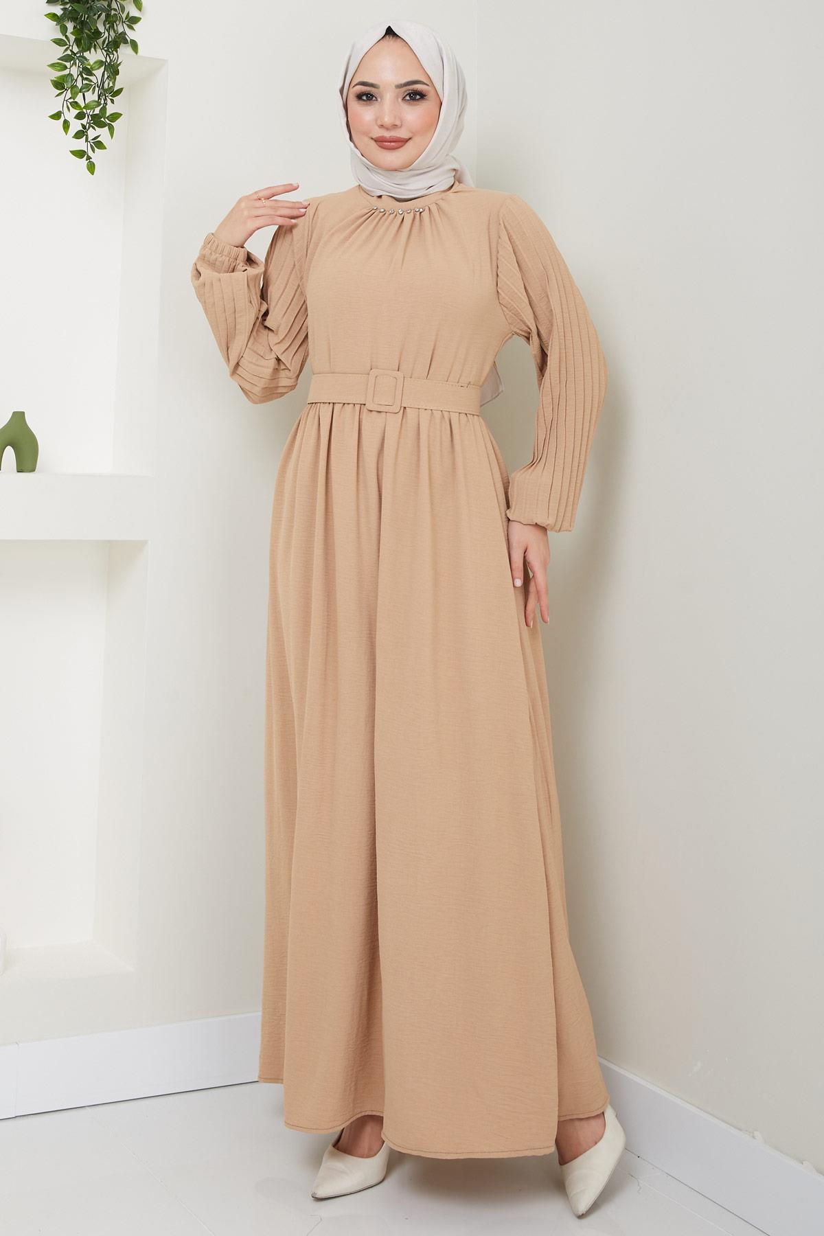 Pırlanta Pilise Kollu Elbise Camel HM2437