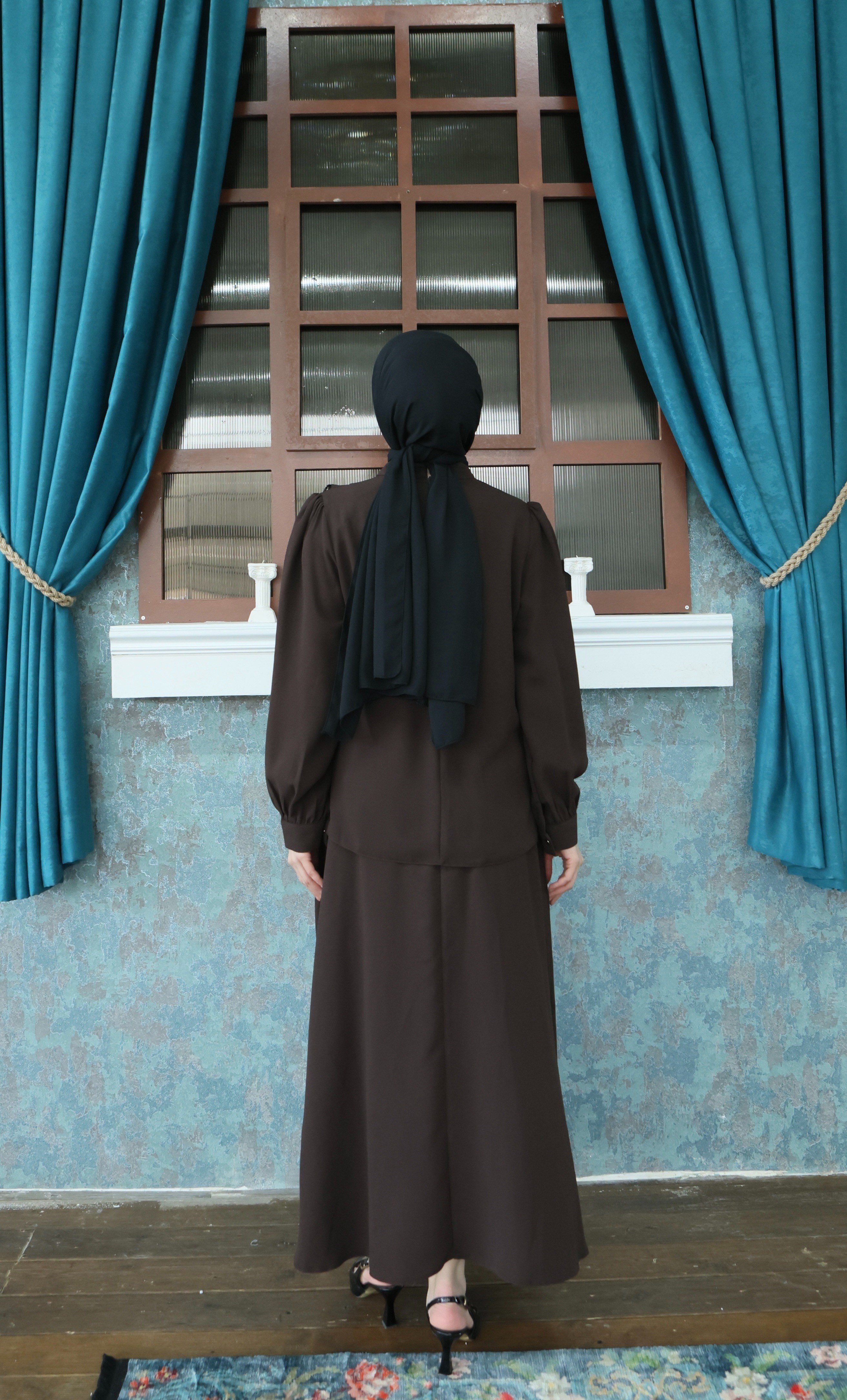 Püskül Detaylı Asimetrik Kesim Etekli  Takım Kahve  HNT8546