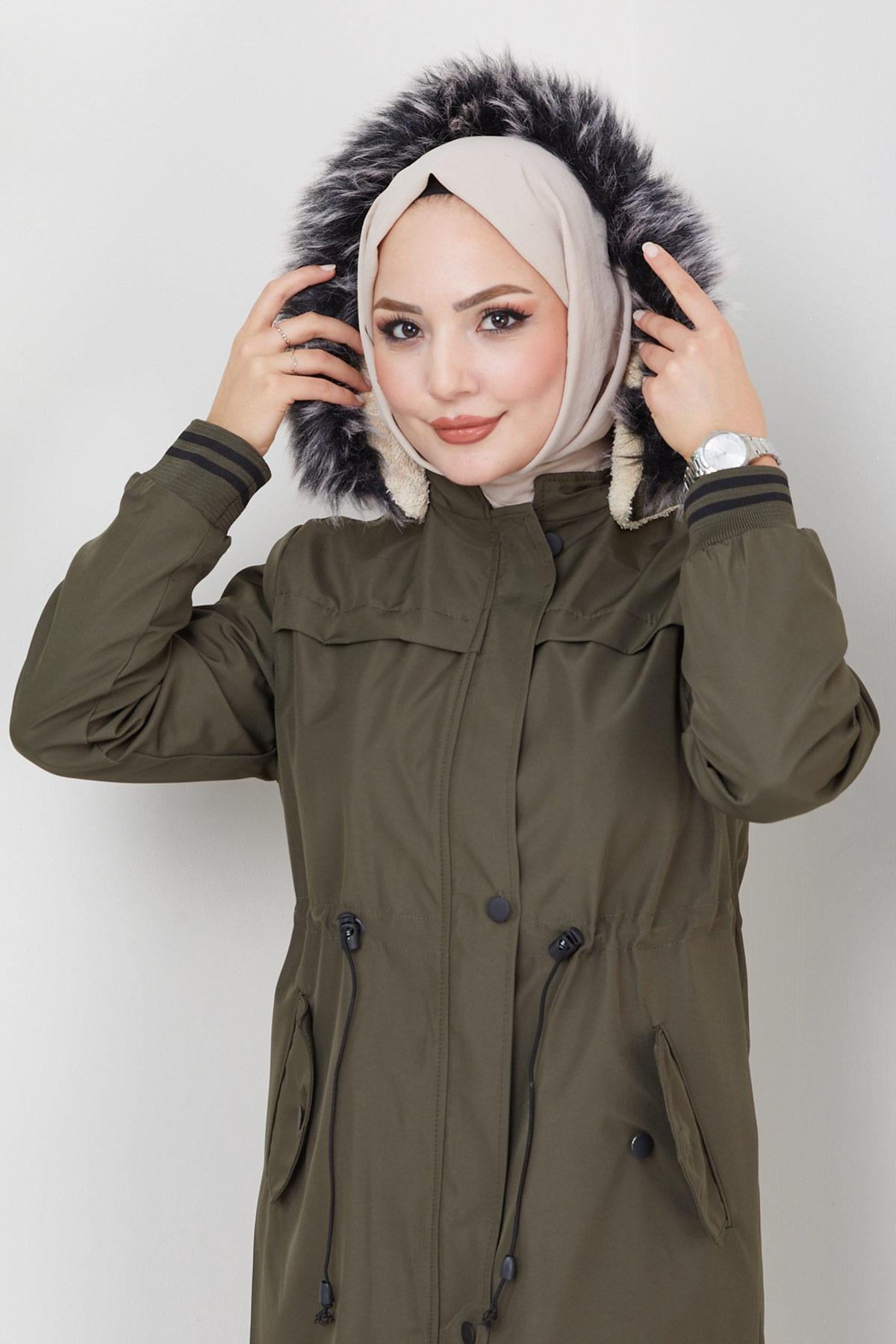 Ribanalı İçi Peluş Mont Haki HM2321
